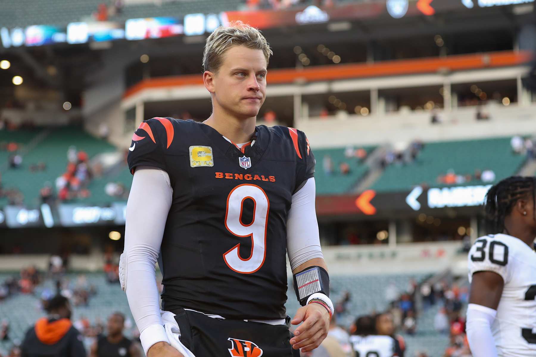 CINCINNATI, OH - NOVEMBER 03: Cincinnati Bengals quarterback Joe Burrow (9) walks off the field after the game against the Las Vegas Raiders and the Cincinnati Bengals on November 3, 2024, at Paycor Stadium in Cincinnati, OH. (Photo by Ian Johnson/Icon Sportswire via Getty Images)