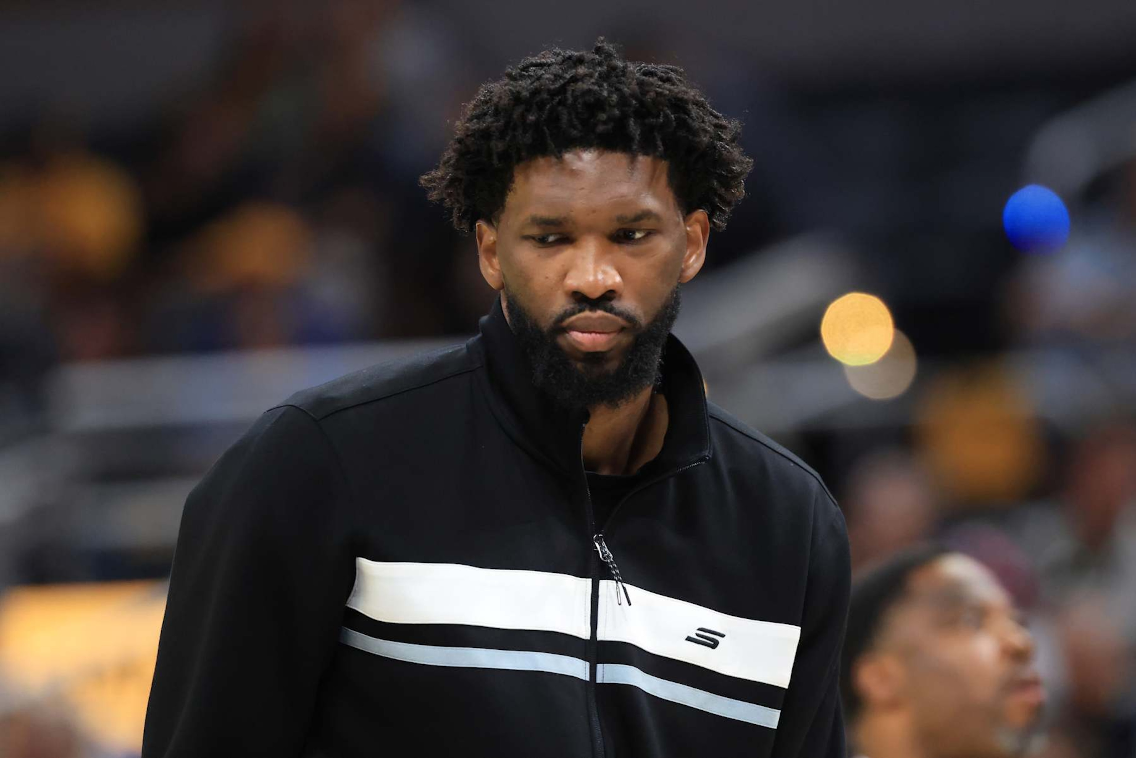 INDIANAPOLIS, INDIANA - OCTOBER 27: Joel Embiid #21 of the Philadelphia 76ers looks on in the game against the Indiana Pacers at Gainbridge Fieldhouse on October 27, 2024 in Indianapolis, Indiana. NOTE TO USER: User expressly acknowledges and agrees that, by downloading and or using this photograph, User is consenting to the terms and conditions of the Getty Images License Agreement. (Photo by Justin Casterline/Getty Images)