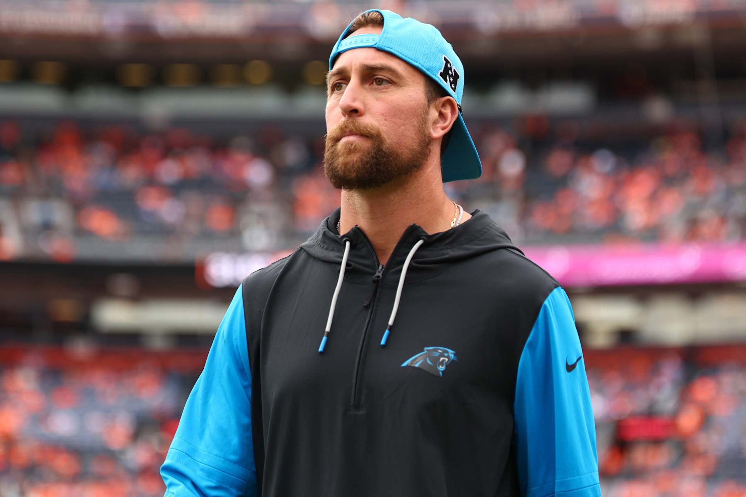 DENVER, COLORADO - OCTOBER 27: Adam Thielen #19 of the Carolina Panthers looks on before the game against the Denver Broncos at Empower Field At Mile High on October 27, 2024 in Denver, Colorado. (Photo by C. Morgan Engel/Getty Images)