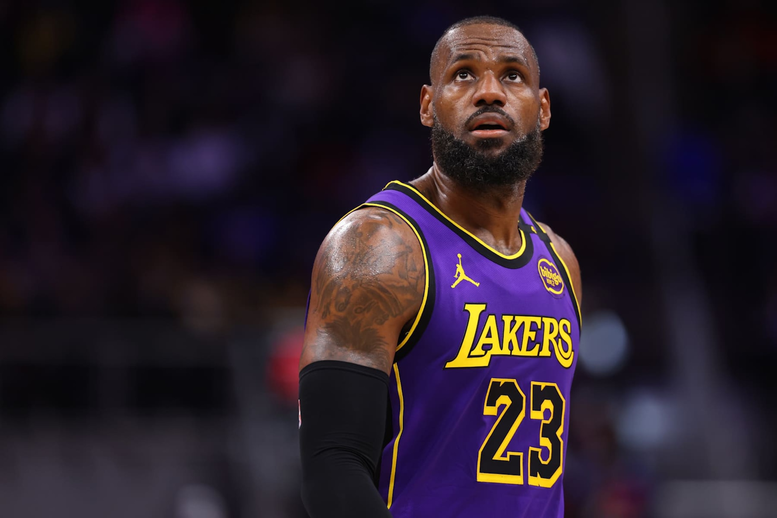DETROIT, MICHIGAN - NOVEMBER 04: LeBron James #23 of the Los Angeles Lakers looks on against the Detroit Pistons during the second quarter at Little Caesars Arena on November 04, 2024 in Detroit, Michigan. NOTE TO USER: User expressly acknowledges and agrees that, by downloading and/or using this photograph, user is consenting to the terms and conditions of the Getty Images License Agreement.  (Photo by Gregory Shamus/Getty Images)