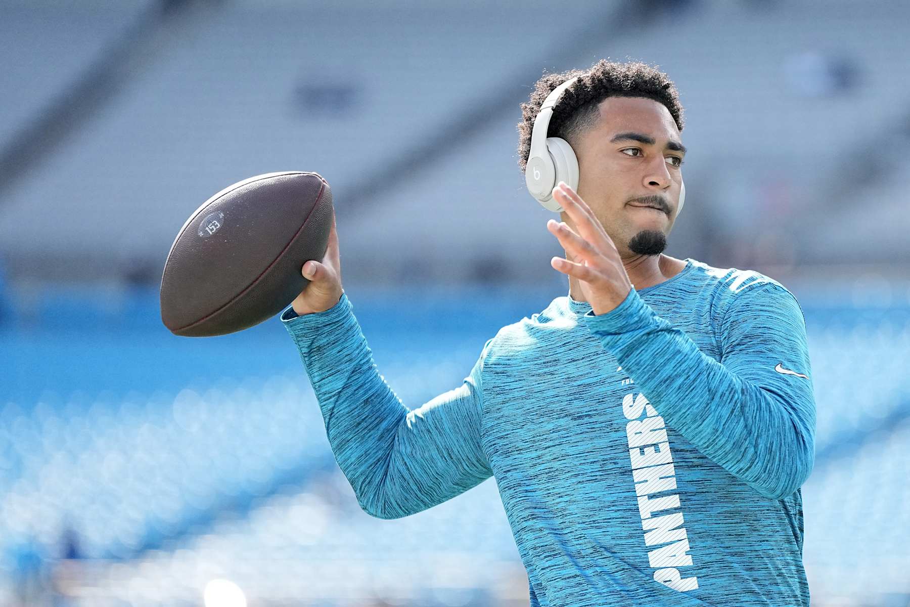 CHARLOTTE, NORTH CAROLINA - NOVEMBER 03: Bryce Young #9 of the Carolina Panthers warms up prior to the game against the New Orleans Saints at Bank of America Stadium on November 03, 2024 in Charlotte, North Carolina. (Photo by Matt Kelley/Getty Images)