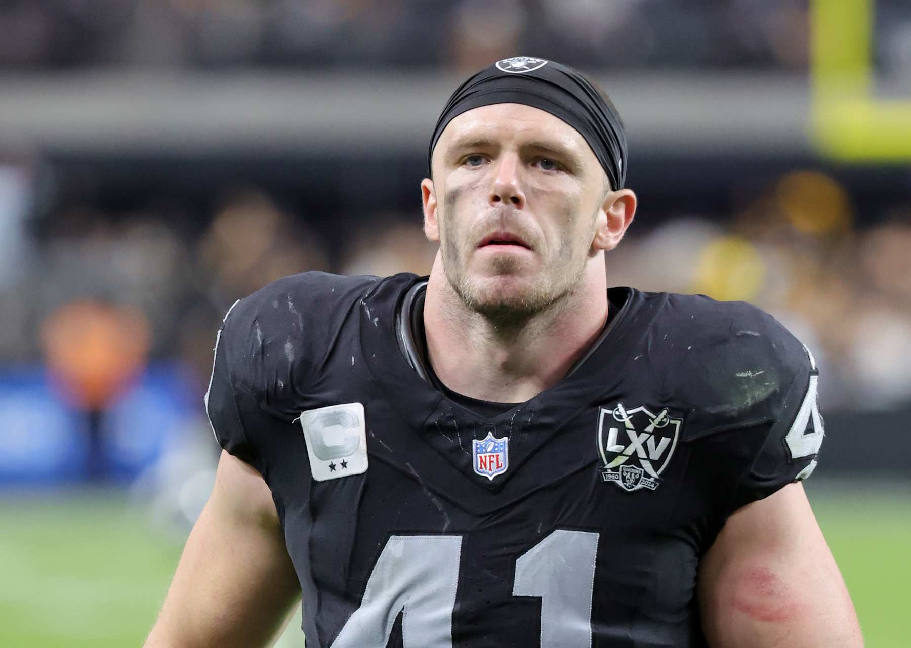 LAS VEGAS, NEVADA - OCTOBER 13: Robert Spillane #41 of the Las Vegas Raiders leaves the field after the team's 32-13 loss to the Pittsburgh Steelers at Allegiant Stadium on October 13, 2024 in Las Vegas, Nevada. (Photo by Ethan Miller/Getty Images)