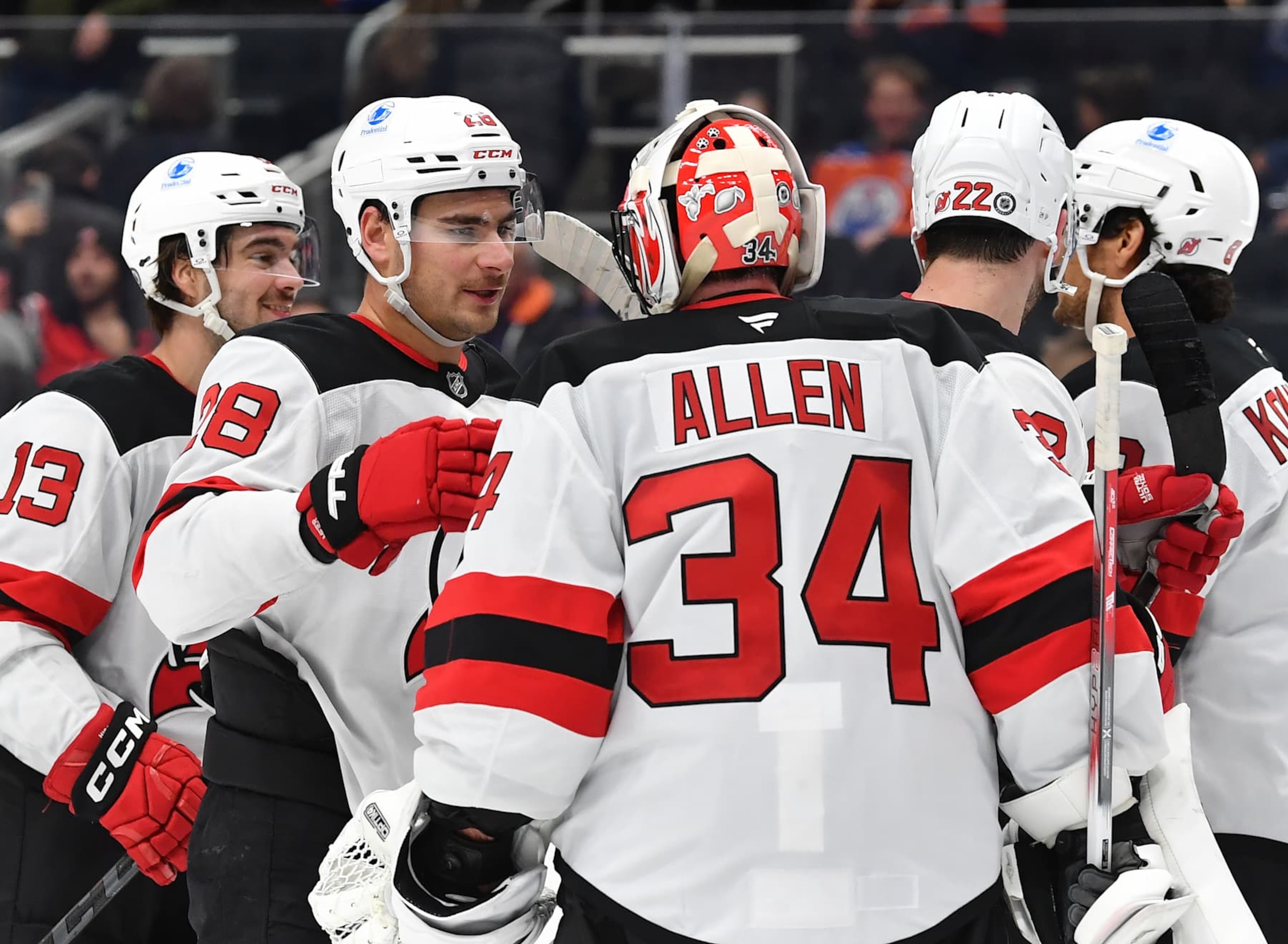 EDMONTON, CANADA - NOVEMBER 4: Nico Hischier #13, Timo Meier #28, Jake Allen #34, Brett Pesce #22 and Johnathan Kovacevic #8 of the New Jersey Devils celebrate a victory over the Edmonton Oilers after the game at Rogers Place on November 4, 2024, in Edmonton, Alberta, Canada. (Photo by Andy Devlin/NHLI via Getty Images) EDMONTON, CANADA - NOVEMBER 4: Nico Hischier #13, Timo Meier #28, Jake Allen #34, Brett Pesce #22 and Johnathan Kovacevic #8 of the New Jersey Devils celebrate a victory over the Edmonton Oilers after the game at Rogers Place on November 4, 2024, in Edmonton, Alberta, Canada. (Photo by Andy Devlin/NHLI via Getty Images)