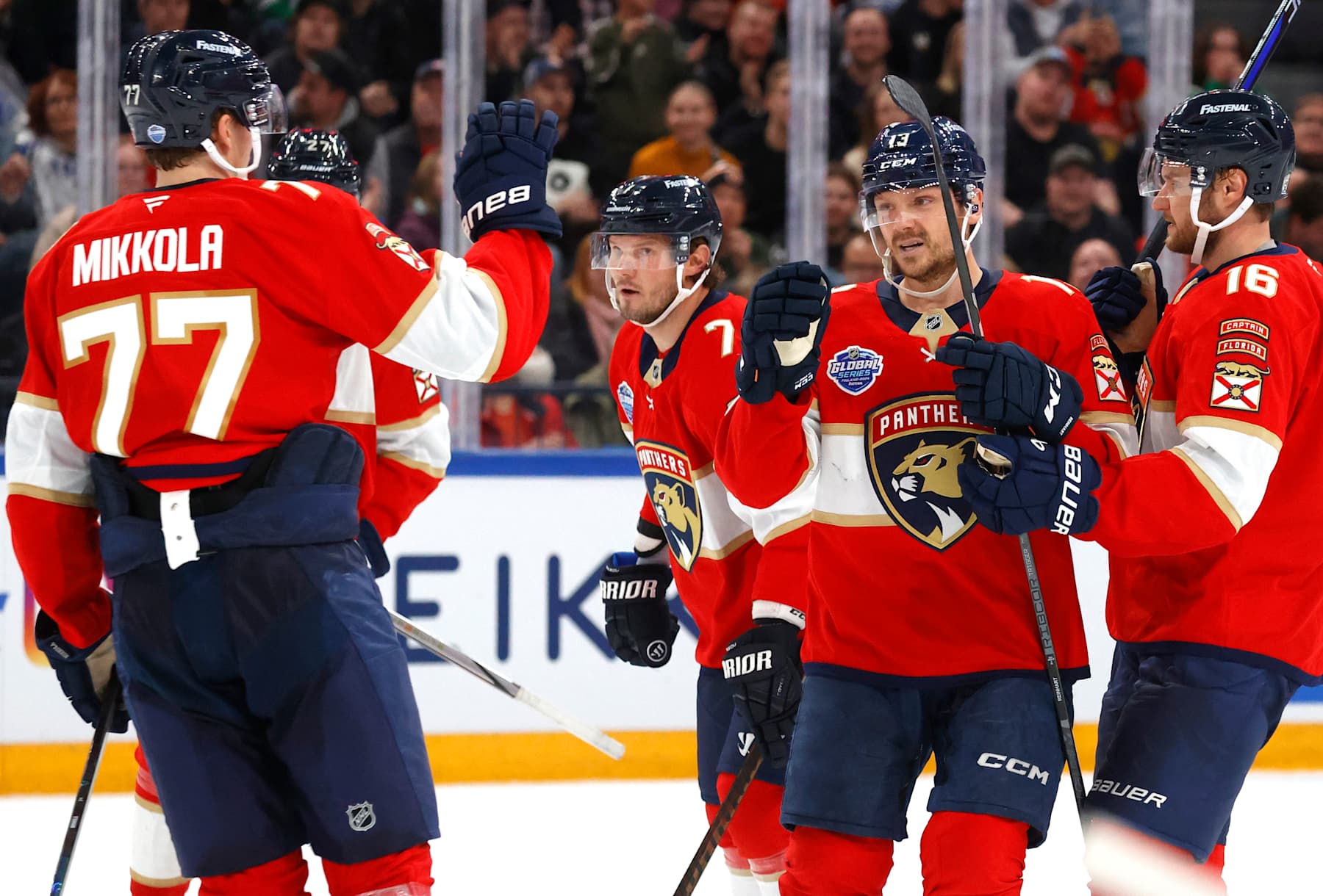 TAMPERE, FINLAND - NOVEMBER 02: Sam Reinhart #13 of the Florida Panthers celebrates his empty net goal with teammatesduring the third period of the 2024 NHL Global Series Finland game between the Dallas Stars and the Florida Panthers at Nokia Arena on November 02, 2024 in Tampere, Finland.  (Photo by Eliot J. Schechter/NHLI via Getty Images)