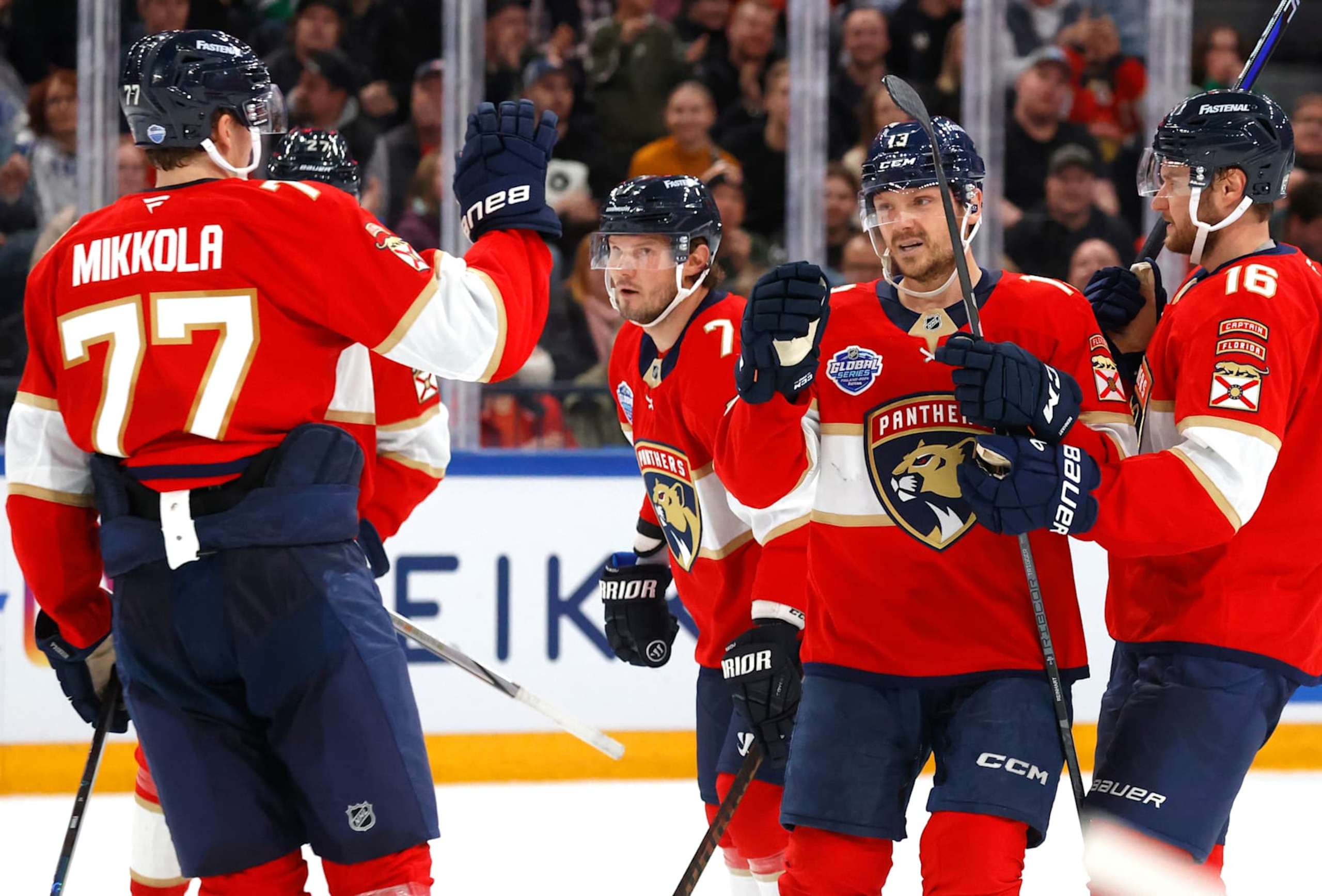 TAMPERE, FINLAND - NOVEMBER 02: Sam Reinhart #13 of the Florida Panthers celebrates his empty net goal with teammatesduring the third period of the 2024 NHL Global Series Finland game between the Dallas Stars and the Florida Panthers at Nokia Arena on November 02, 2024 in Tampere, Finland. (Photo by Eliot J. Schechter/NHLI via Getty Images) TAMPERE, FINLAND - NOVEMBER 02: Sam Reinhart #13 of the Florida Panthers celebrates his empty net goal with teammatesduring the third period of the 2024 NHL Global Series Finland game between the Dallas Stars and the Florida Panthers at Nokia Arena on November 02, 2024 in Tampere, Finland. (Photo by Eliot J. Schechter/NHLI via Getty Images)