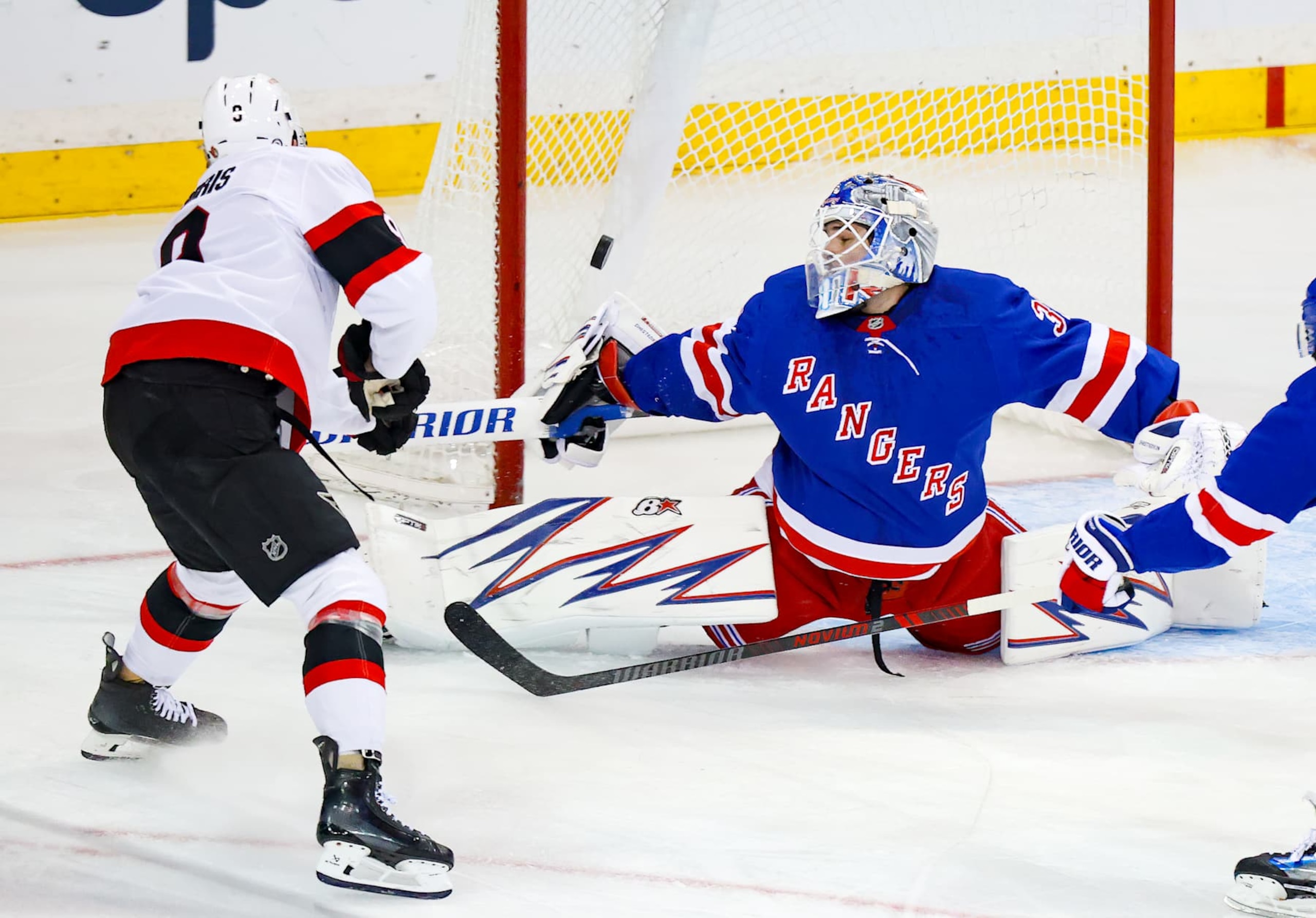 NEW YORK, NY - NOVEMBER 01: New York Rangers Goalie Igor Shesterkin (31) deflects a shot by Ottawa Senators Center Josh Norris (9) during the first period of the National Hockey League game between the Ottawa Senators and the New York Rangers on November 1, 2024 at Madison Square Garden in New York, NY. (Photo by Joshua Sarner/Icon Sportswire via Getty Images) NEW YORK, NY - NOVEMBER 01: New York Rangers Goalie Igor Shesterkin (31) deflects a shot by Ottawa Senators Center Josh Norris (9) during the first period of the National Hockey League game between the Ottawa Senators and the New York Rangers on November 1, 2024 at Madison Square Garden in New York, NY. (Photo by Joshua Sarner/Icon Sportswire via Getty Images)