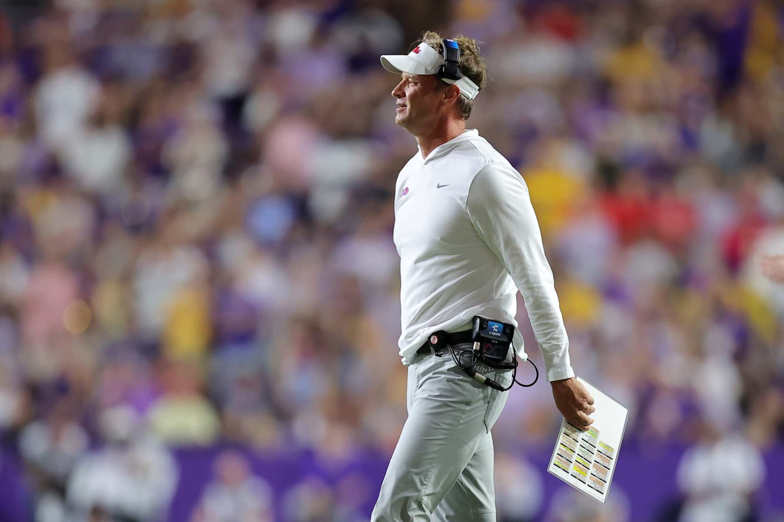 BATON ROUGE, LOUISIANA - OCTOBER 12: Head coach Lane Kiffin of the Mississippi Rebels reacts against the LSU Tigers during a game at Tiger Stadium on October 12, 2024 in Baton Rouge, Louisiana. (Photo by Jonathan Bachman/Getty Images)