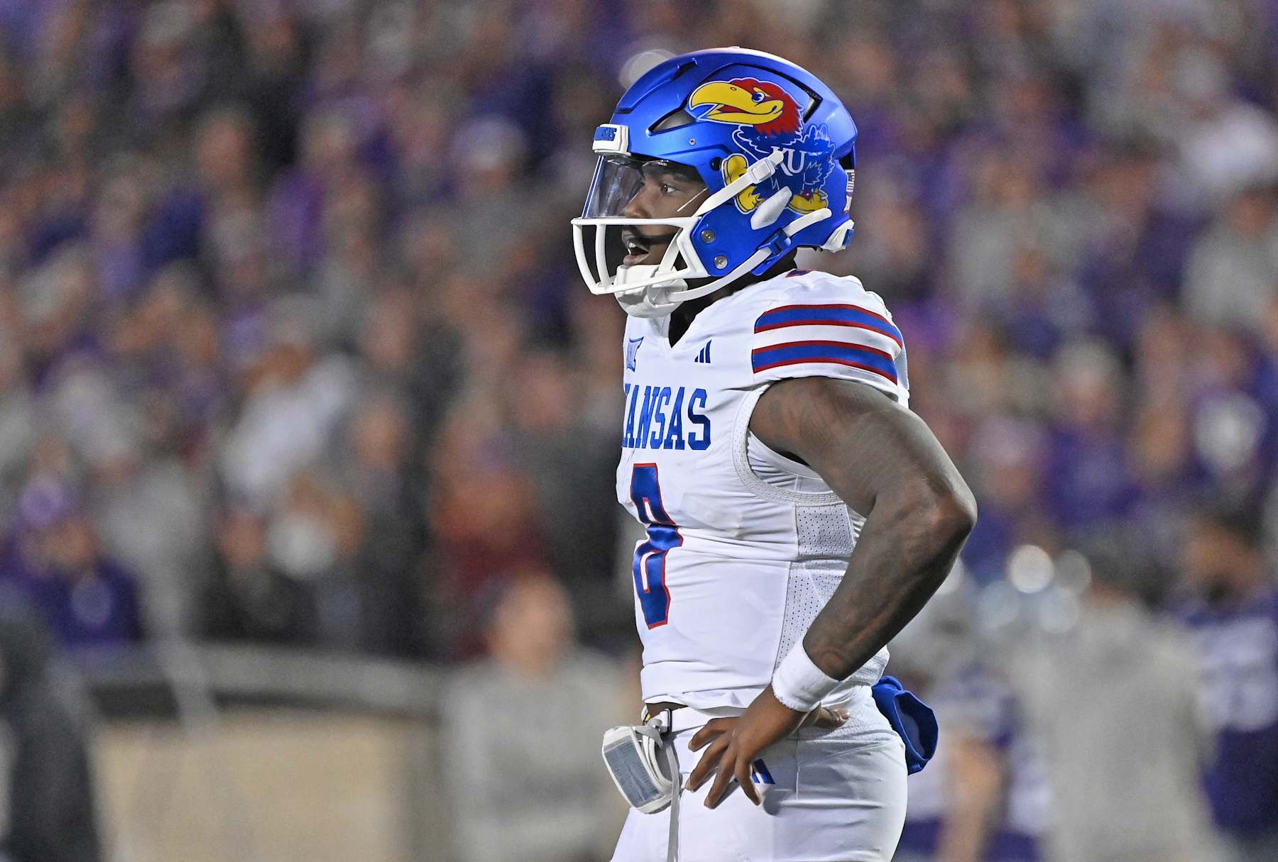 MANHATTAN, KS - OCTOBER 26: Quarterback Jalon Daniels #6 of the Kansas Jayhawks looks to the sideline in the first half against the Kansas State Wildcats at Bill Snyder Family Football Stadium on October 26, 2024 in Manhattan, Kansas. (Photo by Peter G. Aiken/Getty Images)