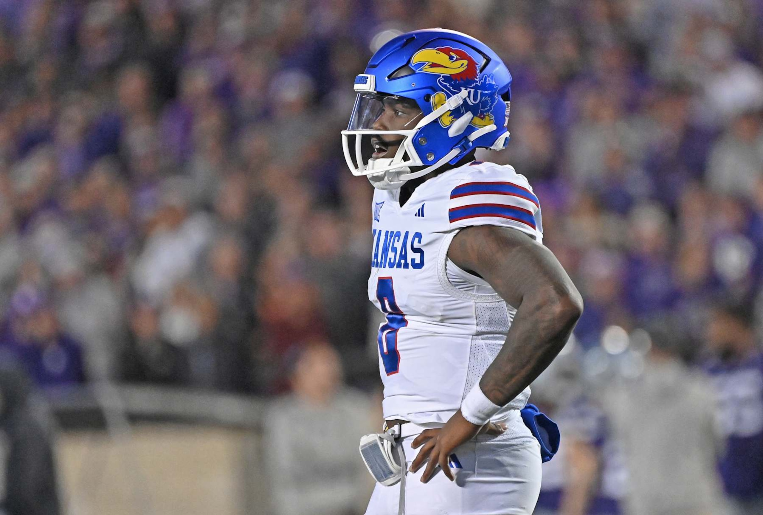 MANHATTAN, KS - OCTOBER 26: Quarterback Jalon Daniels #6 of the Kansas Jayhawks looks to the sideline in the first half against the Kansas State Wildcats at Bill Snyder Family Football Stadium on October 26, 2024 in Manhattan, Kansas. (Photo by Peter G. Aiken/Getty Images)