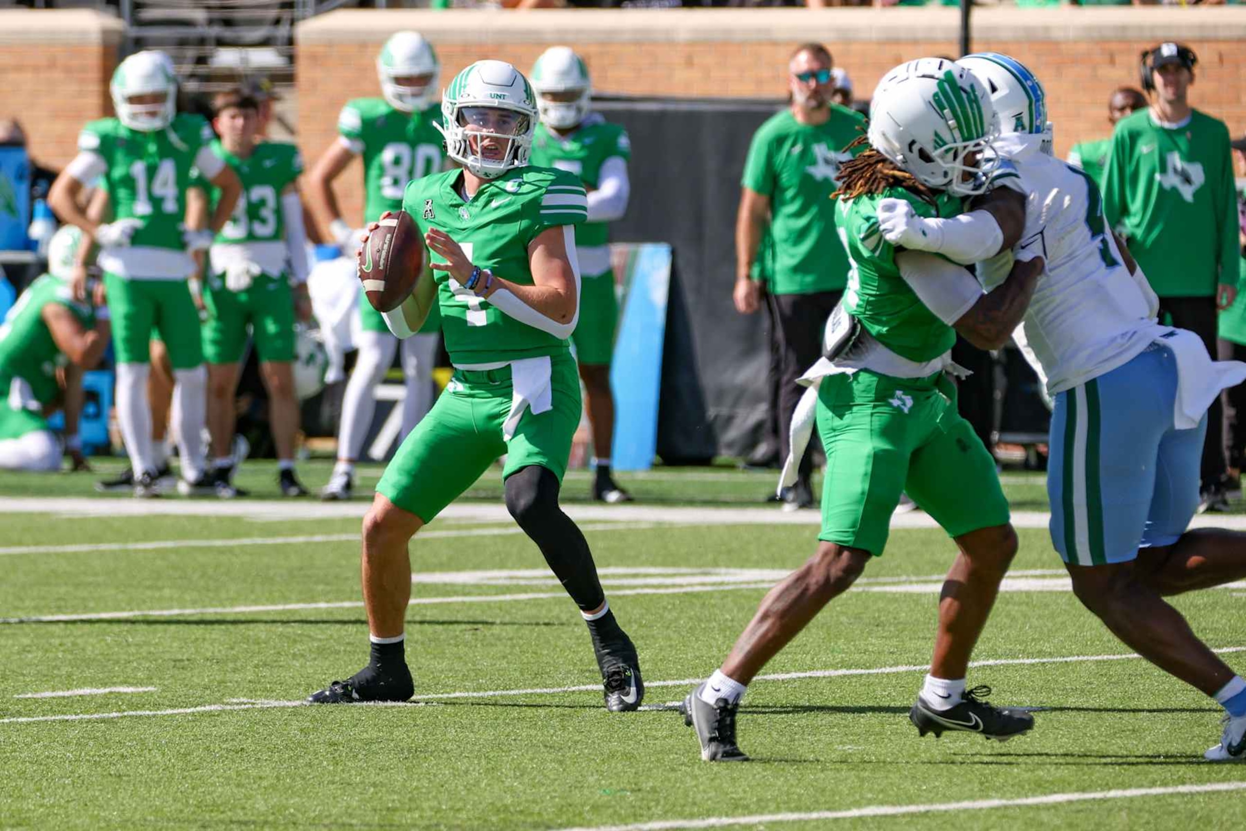 DENTON, TX - OCTOBER 26: North Texas Mean Green quarterback Chandler Morris (4) passes during the game between North Texas and Tulane on October 26, 2024 at DATCU Stadium in Denton, TX. (Photo by George Walker/Icon Sportswire via Getty Images)