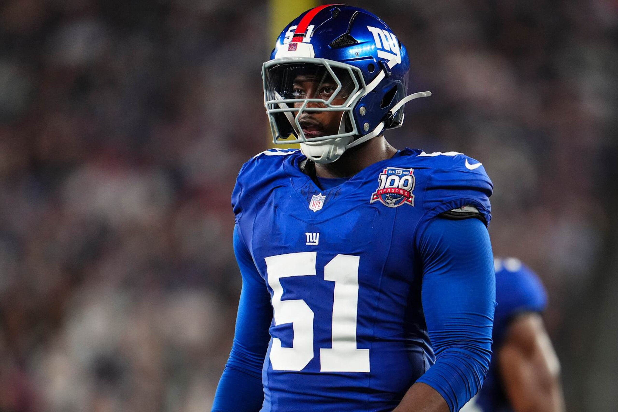 EAST RUTHERFORD, NJ - SEPTEMBER 26: Azeez Ojulari #51 of the New York Giants lines up before the snap during an NFL football game against the Dallas Cowboys at MetLife Stadium on September 26, 2024 in East Rutherford, New Jersey. (Photo by Cooper Neill/Getty Images)