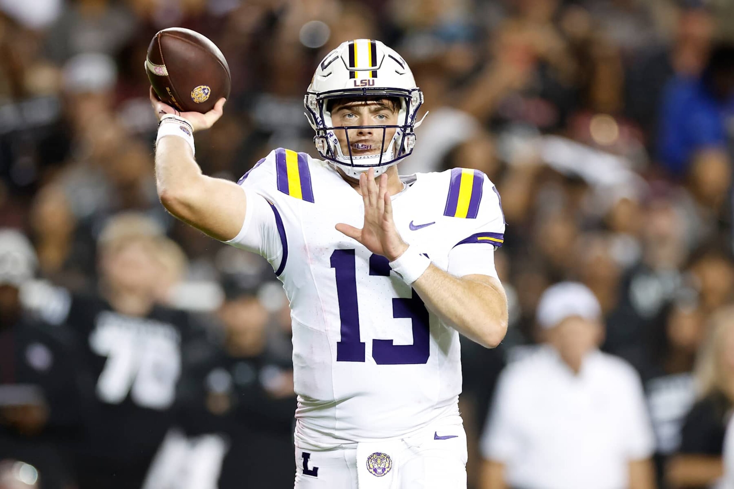 COLLEGE STATION, TEXAS - OCTOBER 26: Garrett Nussmeier #13 of the LSU Tigers throws a pass in the second half against the Texas A&M Aggies at Kyle Field on October 26, 2024 in College Station, Texas. (Photo by Tim Warner/Getty Images)