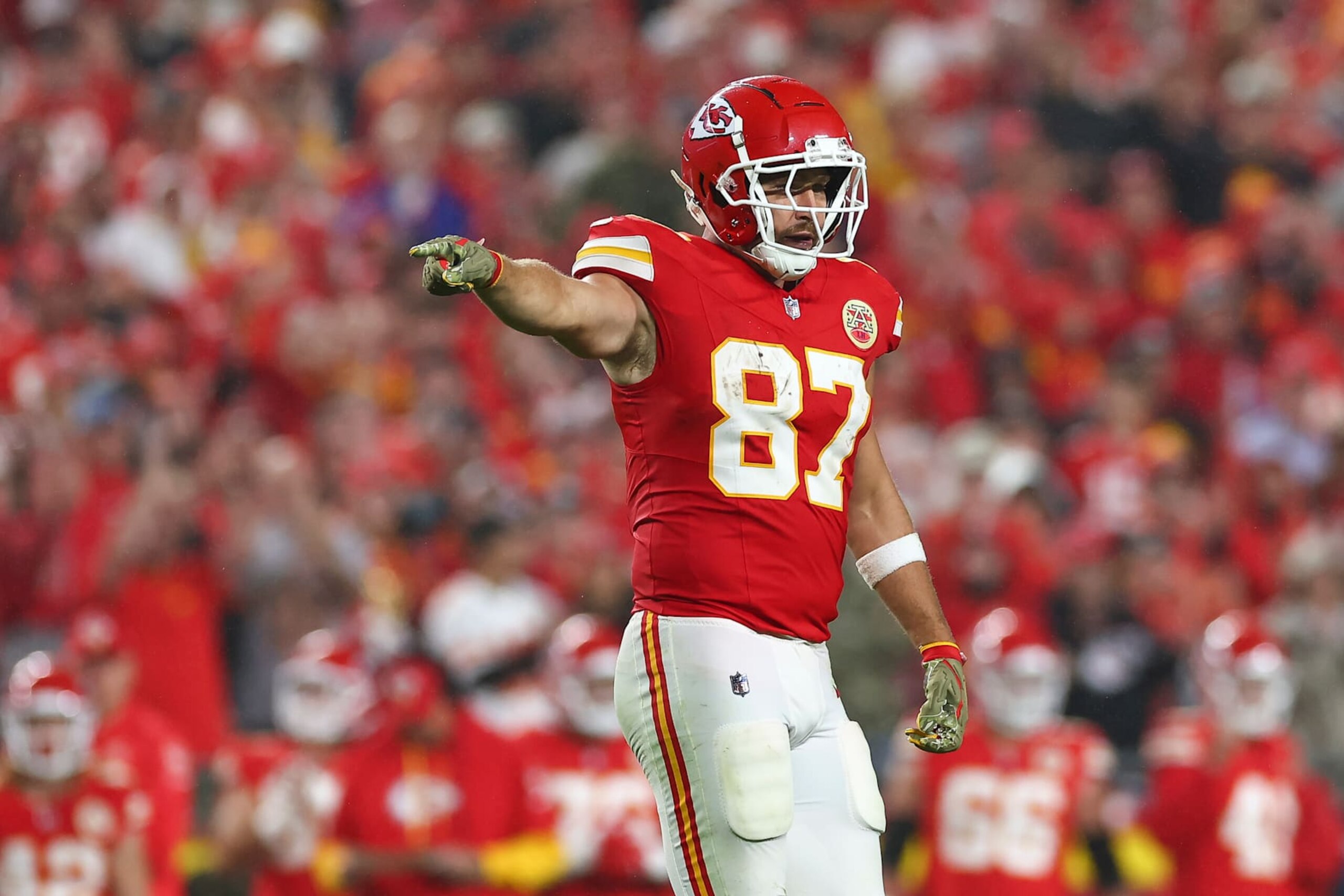 KANSAS CITY, MISSOURI - NOVEMBER 4: Travis Kelce #87 of the Kansas City Chiefs celebrates during the second half against the Tampa Bay Buccaneers at GEHA Field at Arrowhead Stadium on November 4, 2024 in Kansas City, Missouri. (Photo by Aaron M. Sprecher/Getty Images)