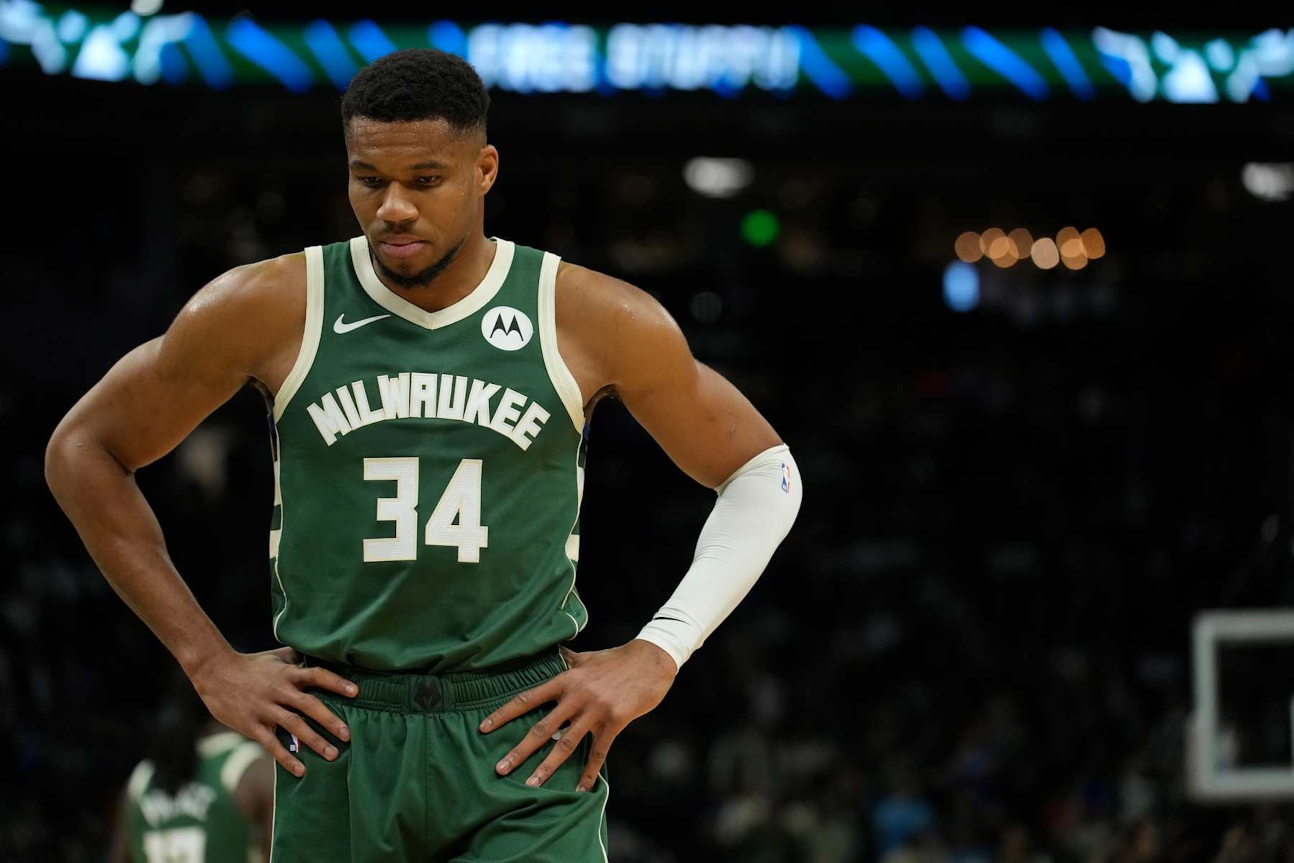 MILWAUKEE, WISCONSIN - NOVEMBER 02: Giannis Antetokounmpo #34 of the Milwaukee Bucks reacts against the Cleveland Cavaliers during the first quarter of a game at Fiserv Forum on November 02, 2024 in Milwaukee, Wisconsin. NOTE TO USER: User expressly acknowledges and agrees that, by downloading and or using this photograph, User is consenting to the terms and conditions of the Getty Images License Agreement. (Photo by Patrick McDermott/Getty Images)