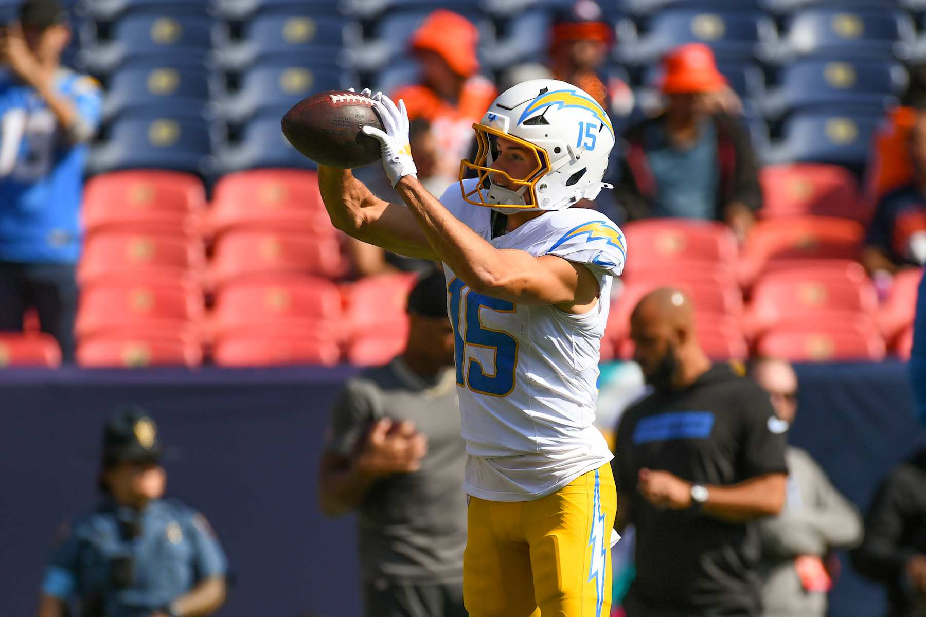 DENVER, CO - OCTOBER 13: Chargers wide receiver Ladd McConkey (15) pulls in a pass during a game between the Denver Broncos and the Los Angeles Chargers at Empower Field at Mile High in Denver, CO on October 13, 2024. (Photo by Kevin Langley/Icon Sportswire via Getty Images)