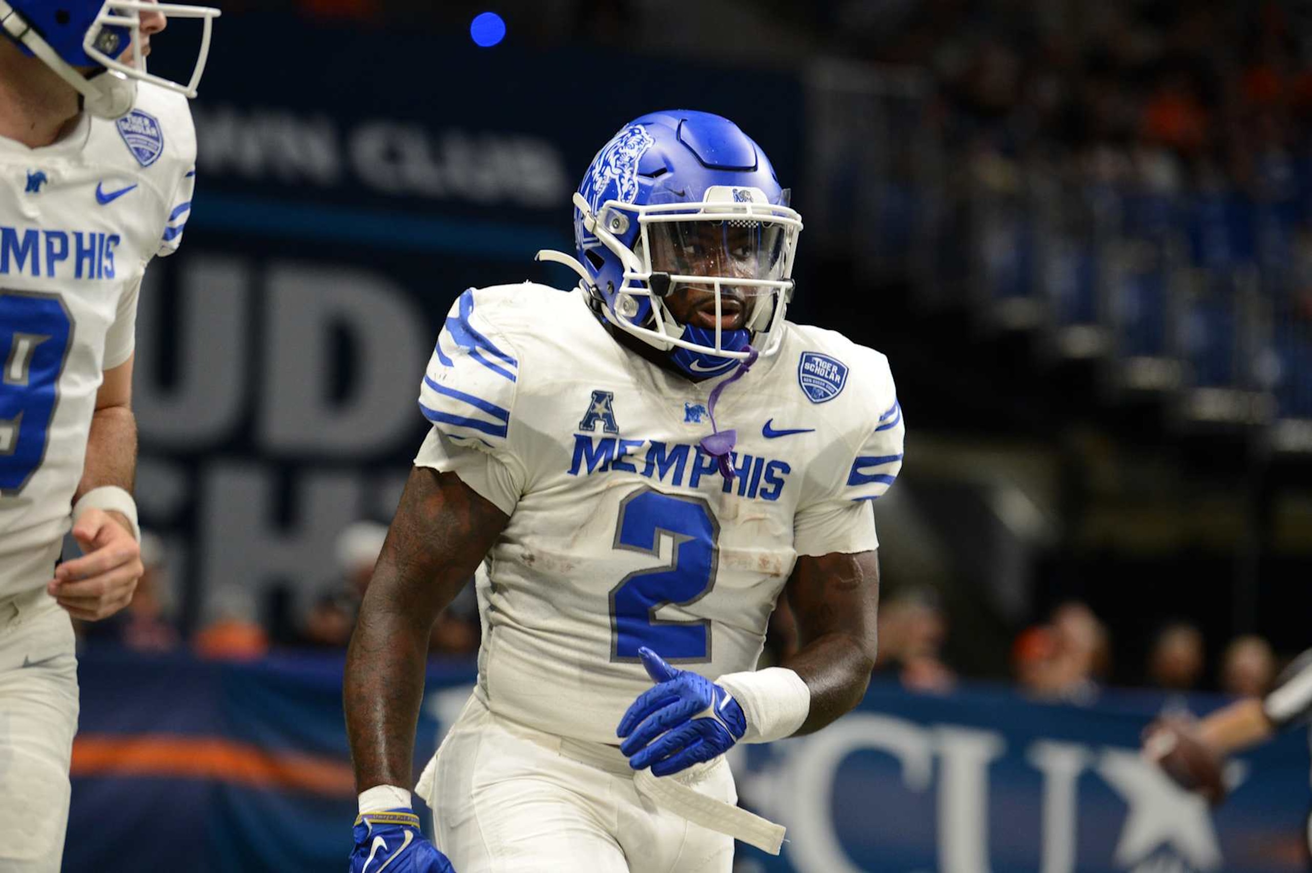 SAN ANTONIO, TX - NOVEMBER 02: Memphis Tigers RB Mario Anderson Jr. heads toward the bench during game between the Memphis Tigers and the University of Texas - San Antonio Roadrunners on November 2, 2024 at the Alamodome in San Antonio, TX. (Photo by John Rivera/Icon Sportswire via Getty Images)