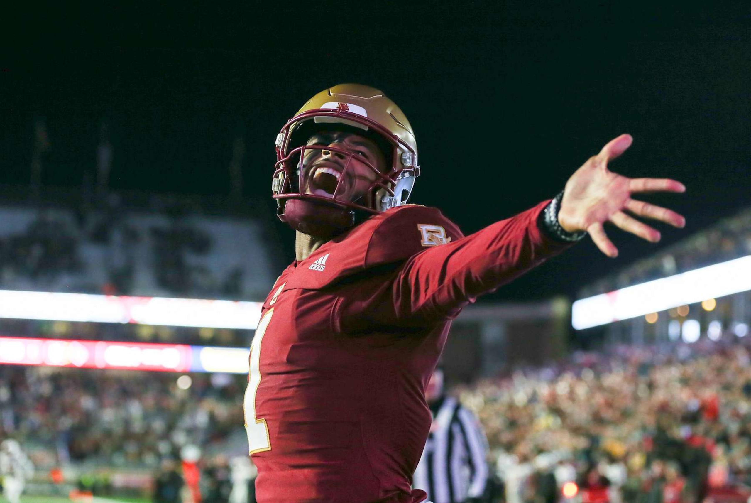 CHESTNUT HILL, MA - OCTOBER 25: Boston College Eagles quarterback Thomas Castellanos (1) reacts after a touchdown during a college football game between Louisville Cardinals and Boston College Eagles on October 25, 2024, at Alumni Stadium in Chestnut Hill, MA. (Photo by M. Anthony Nesmith/Icon Sportswire via Getty Images)