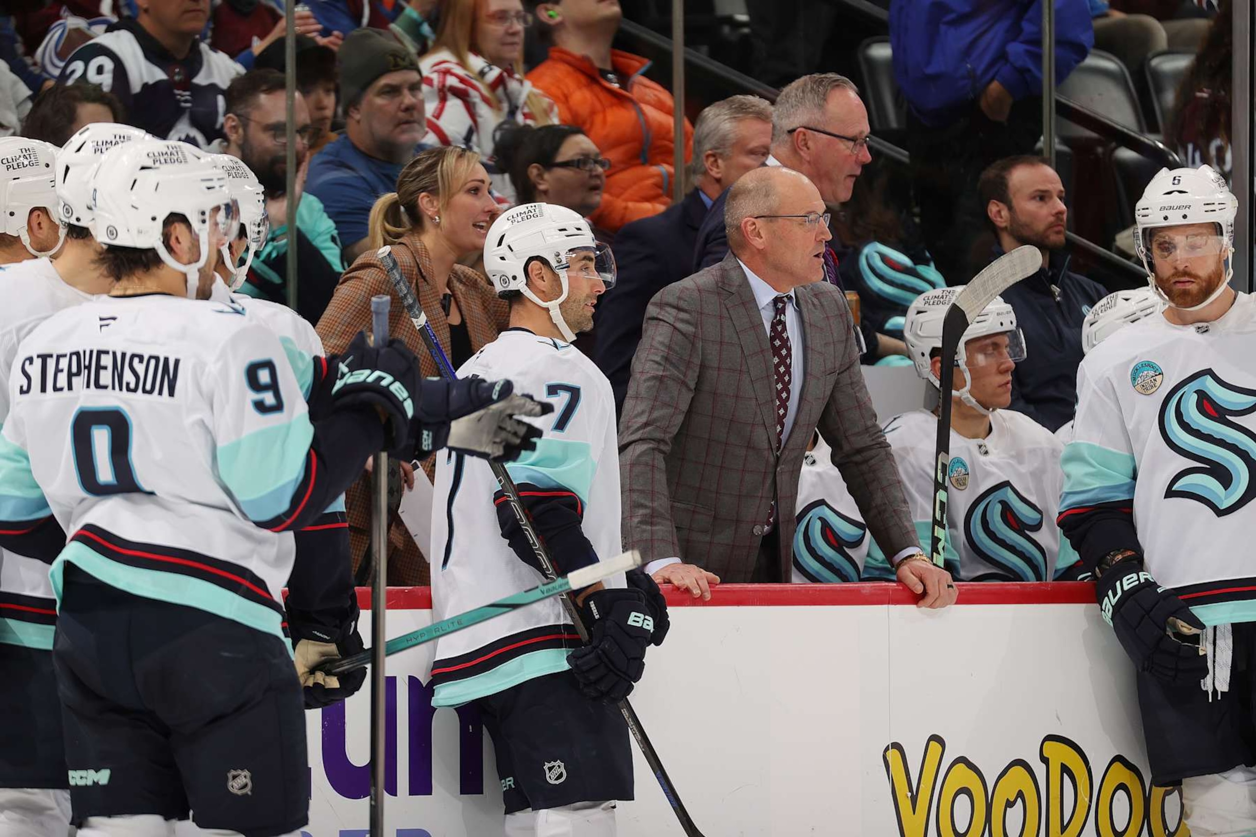 DENVER, COLORADO - NOVEMBER 05: Assistant coach Jessica Campbell, head coach Dan Bylsma and members of the Seattle Kraken talk during a review in the second period against the Colorado Avalanche at Ball Arena on November 5, 2024 in Denver, Colorado. (Photo by Michael Martin/NHLI via Getty Images) DENVER, COLORADO - NOVEMBER 05: Assistant coach Jessica Campbell, head coach Dan Bylsma and members of the Seattle Kraken talk during a review in the second period against the Colorado Avalanche at Ball Arena on November 5, 2024 in Denver, Colorado. (Photo by Michael Martin/NHLI via Getty Images)