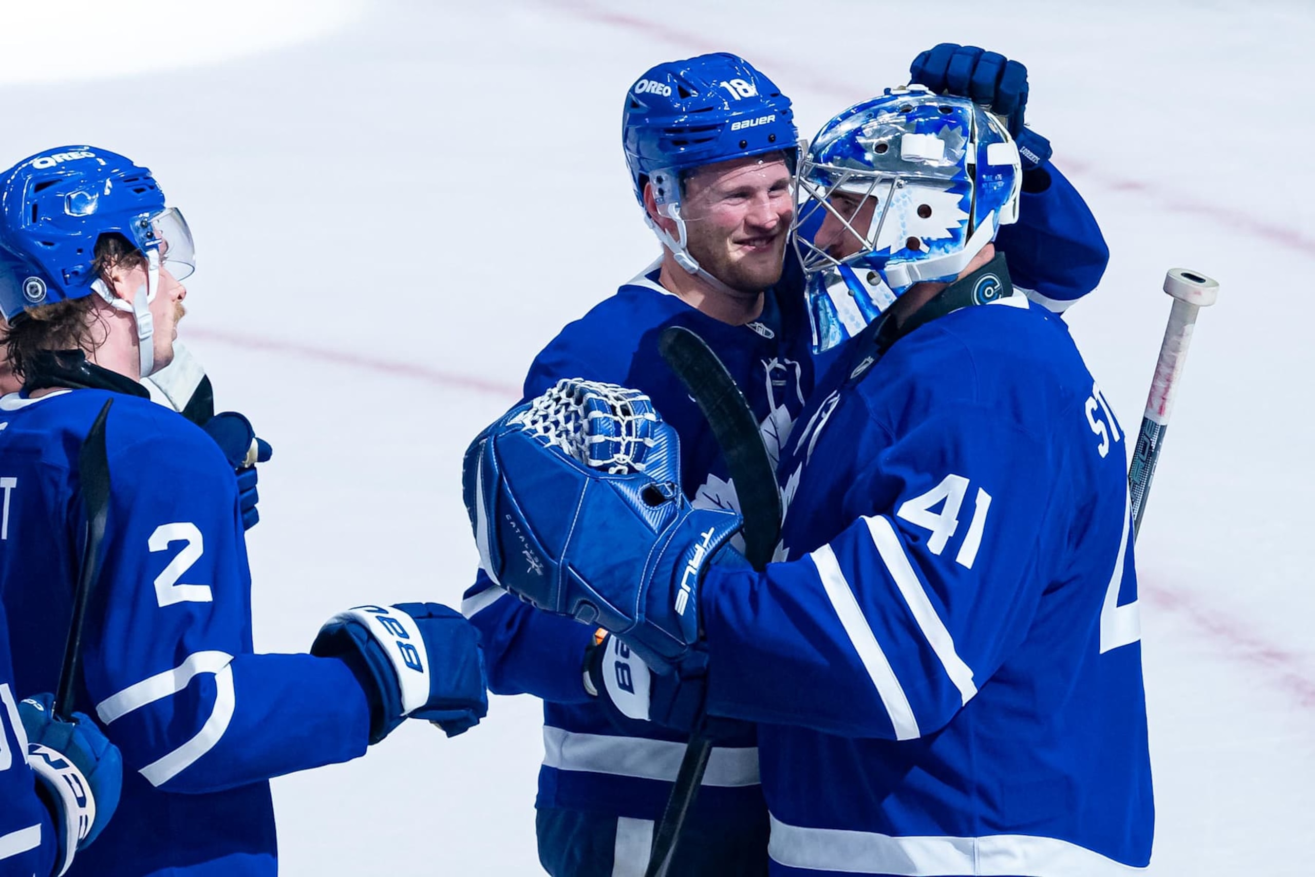 TORONTO, ON - NOVEMBER 05: Toronto Maple Leafs Goalie Anthony Stolarz (41) celebtates the win with Winger Steven Lorentz (18) after the NHL regular season game between the Boston Bruins and the Toronto Maple Leafs on November 5, 2024, at Scotiabank Arena in Toronto, ON, Canada. (Photo by Julian Avram/Icon Sportswire via Getty Images) TORONTO, ON - NOVEMBER 05: Toronto Maple Leafs Goalie Anthony Stolarz (41) celebtates the win with Winger Steven Lorentz (18) after the NHL regular season game between the Boston Bruins and the Toronto Maple Leafs on November 5, 2024, at Scotiabank Arena in Toronto, ON, Canada. (Photo by Julian Avram/Icon Sportswire via Getty Images)