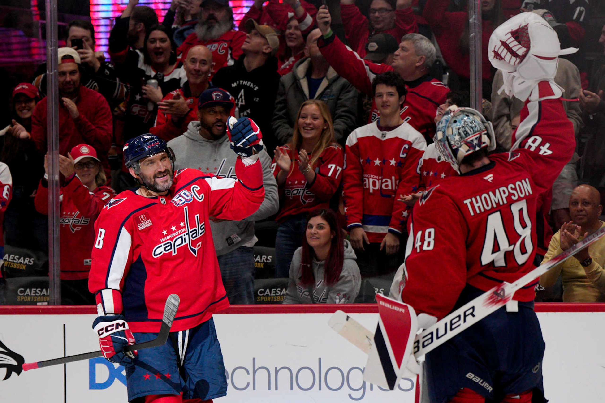 WASHINGTON, DC - NOVEMBER 02: Alex Ovechkin #8 celebrates with Logan Thompson #48 of the Washington Capitals after scoring a goal against the Columbus Blue Jackets during the first period of a game at Capital One Arena on November 02, 2024 in Washington, D.C. (Photo by Jess Rapfogel/NHLI via Getty Images) WASHINGTON, DC - NOVEMBER 02: Alex Ovechkin #8 celebrates with Logan Thompson #48 of the Washington Capitals after scoring a goal against the Columbus Blue Jackets during the first period of a game at Capital One Arena on November 02, 2024 in Washington, D.C. (Photo by Jess Rapfogel/NHLI via Getty Images)