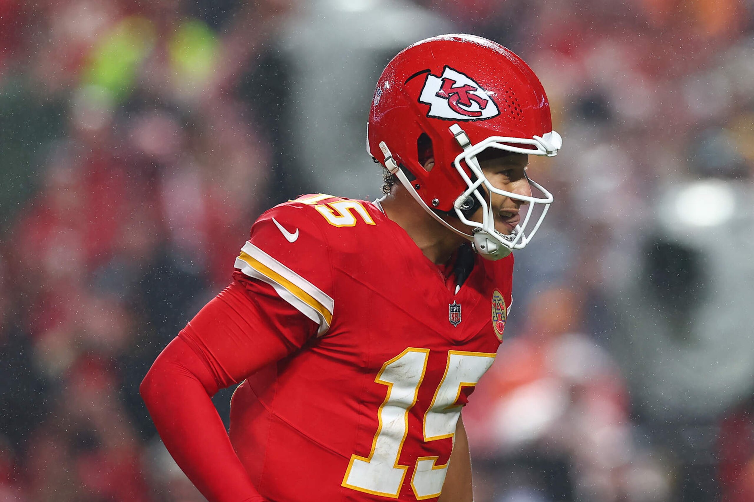 KANSAS CITY, MISSOURI - NOVEMBER 4: Patrick Mahomes #15 of the Kansas City Chiefs celebrates after throwing the game winning touchdown during overtime against the Tampa Bay Buccaneers at GEHA Field at Arrowhead Stadium on November 4, 2024 in Kansas City, Missouri. (Photo by Aaron M. Sprecher/Getty Images)