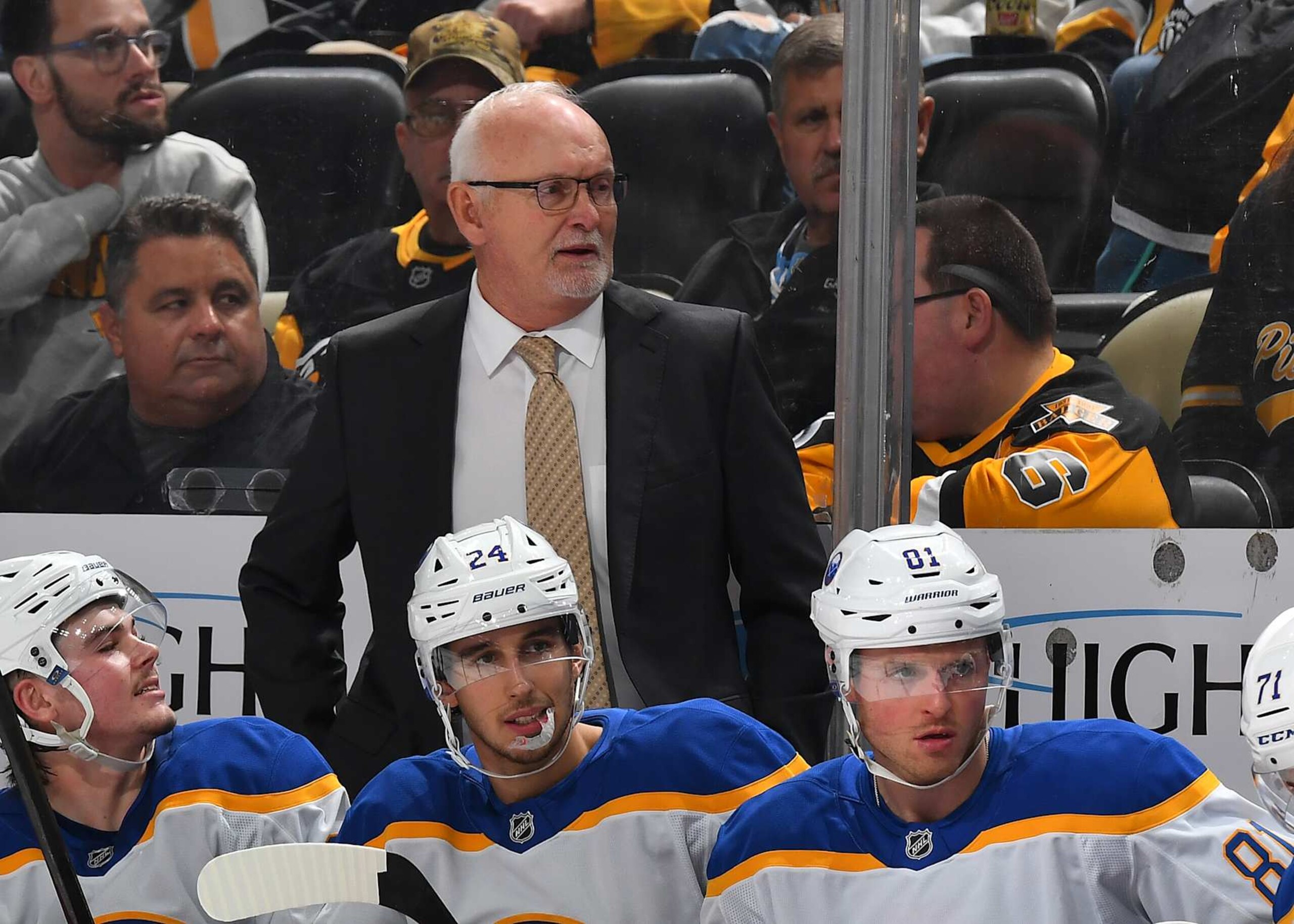 PITTSBURGH, PA - OCTOBER 16: Lindy Ruff of the Buffalo Sabres looks on against the Pittsburgh Penguins at PPG PAINTS Arena on October 16, 2024 in Pittsburgh, Pennsylvania. (Photo by Joe Sargent/NHLI via Getty Images) PITTSBURGH, PA - OCTOBER 16: Lindy Ruff of the Buffalo Sabres looks on against the Pittsburgh Penguins at PPG PAINTS Arena on October 16, 2024 in Pittsburgh, Pennsylvania. (Photo by Joe Sargent/NHLI via Getty Images)