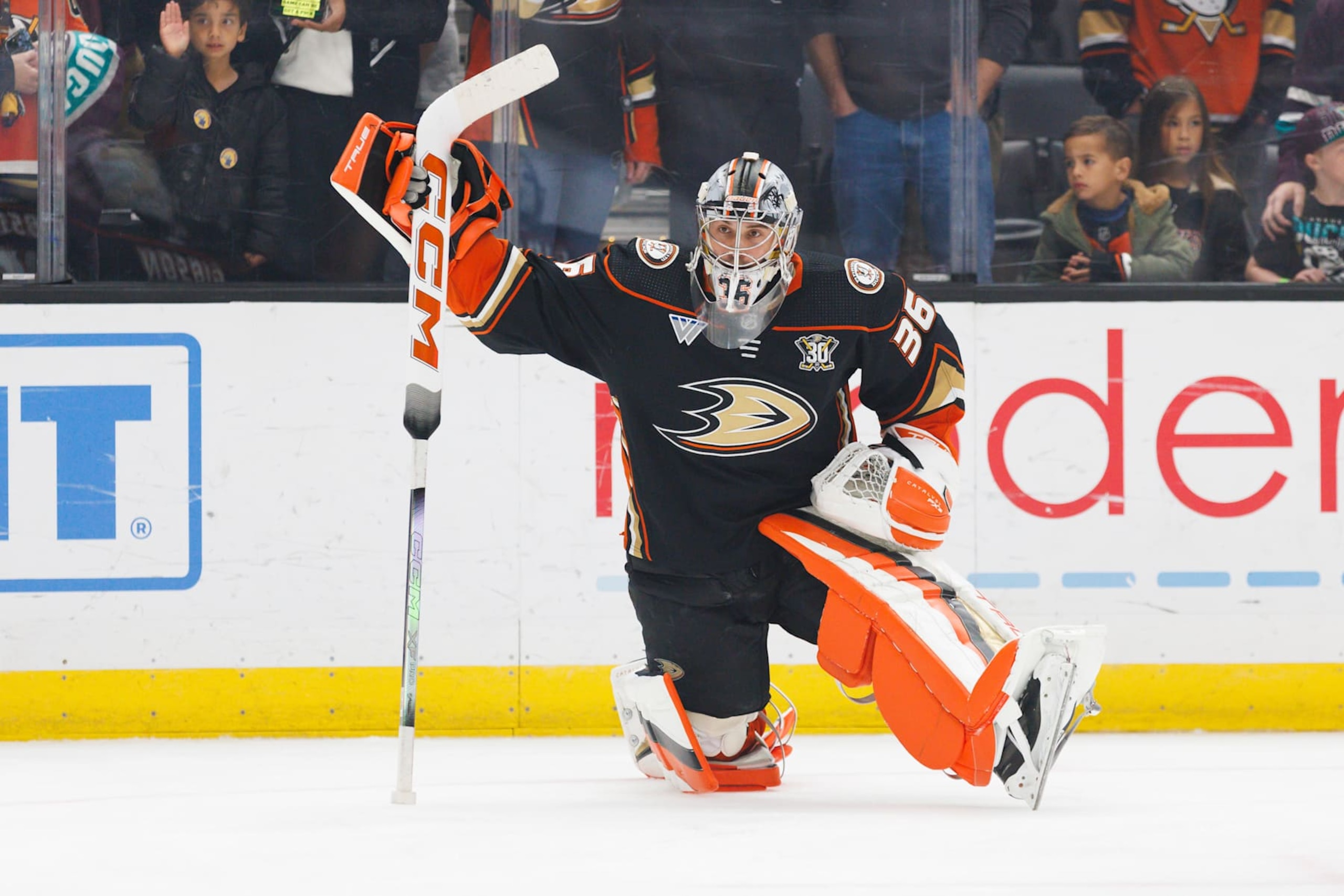LOS ANGELES, CA - APRIL 13: Anaheim Ducks goaltender John Gibson (36) during an NHL game against the Los Angeles Kings on April 13, 2024 at Crypto.com Arena in Los Angeles, CA. (Photo by Ric Tapia/Icon Sportswire via Getty Images) LOS ANGELES, CA - APRIL 13: Anaheim Ducks goaltender John Gibson (36) during an NHL game against the Los Angeles Kings on April 13, 2024 at Crypto.com Arena in Los Angeles, CA. (Photo by Ric Tapia/Icon Sportswire via Getty Images)