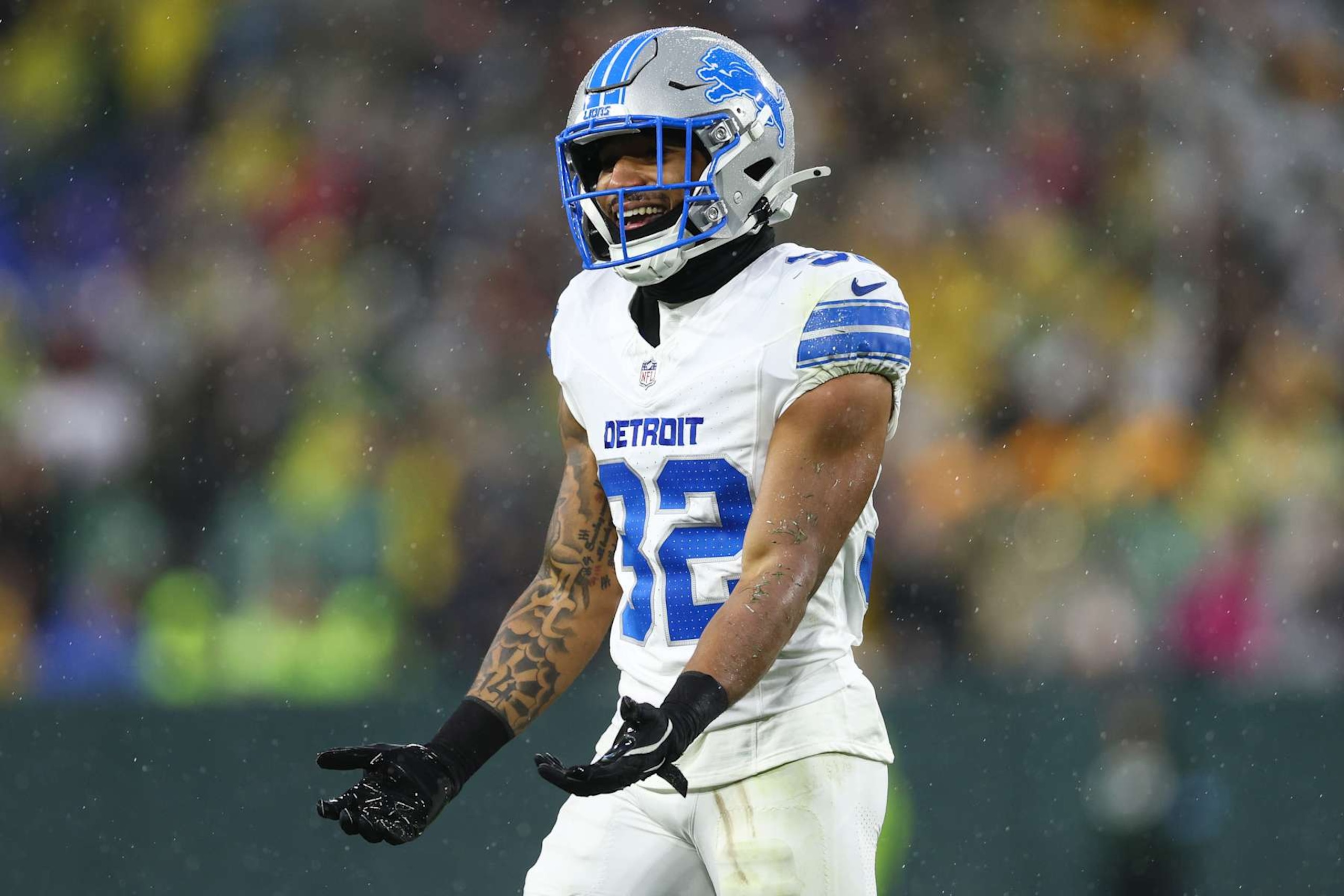 GREEN BAY, WISCONSIN - NOVEMBER 03: Brian Branch #32 of the Detroit Lions reacts after getting ejected during the first half of an NFL football game against the Green Bay Packers at Lambeau Field on November 3, 2024 in Green Bay, Wisconsin. (Photo by Kevin Sabitus/Getty Images)