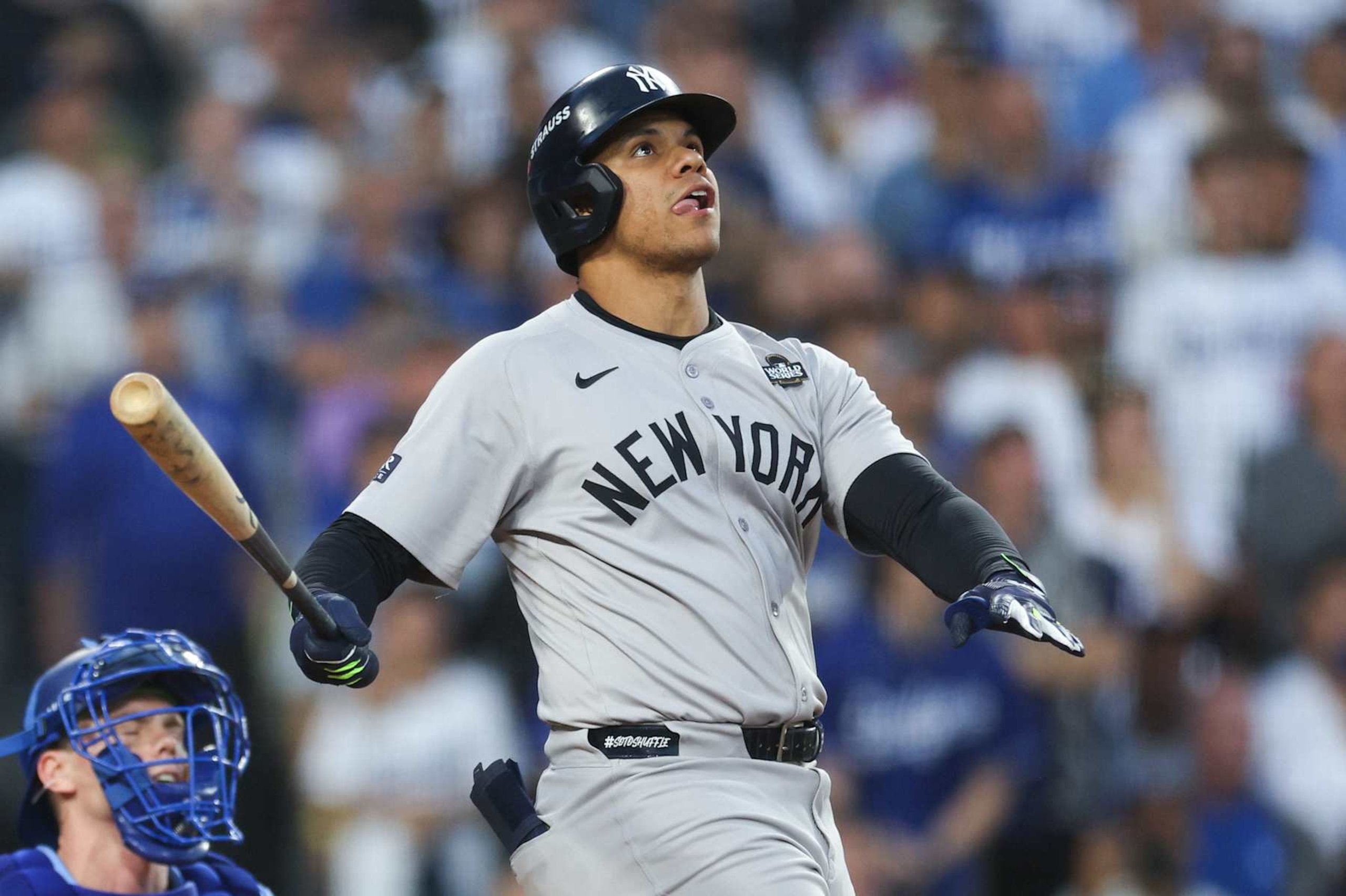 LOS ANGELES, CALIFORNIA - OCTOBER 26: Juan Soto #22 of the New York Yankees watches his solo home run against the Los Angeles Dodgers in the third inning during Game Two of the 2024 World Series at Dodger Stadium on October 26, 2024 in Los Angeles, California. (Photo by Harry How/Getty Images)
