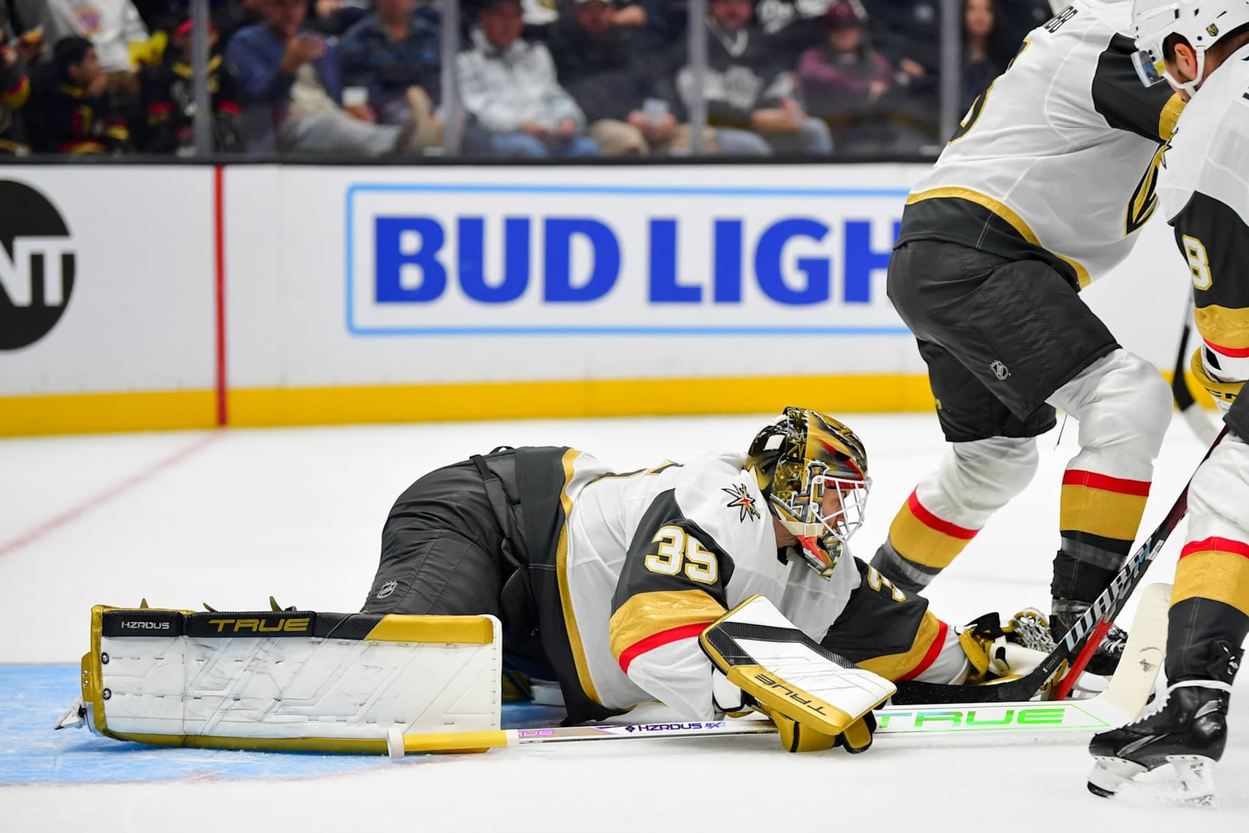 LOS ANGELES, CA - OCTOBER 30: Ilya Samsonov #35 of the Vegas Golden Knights protects the goal during the first period against the Los Angeles Kings at Crypto.com Arena on October 30, 2024 in Los Angeles, California. (Photo by Gary A. Vasquez/NHLI via Getty Images) LOS ANGELES, CA - OCTOBER 30: Ilya Samsonov #35 of the Vegas Golden Knights protects the goal during the first period against the Los Angeles Kings at Crypto.com Arena on October 30, 2024 in Los Angeles, California. (Photo by Gary A. Vasquez/NHLI via Getty Images)