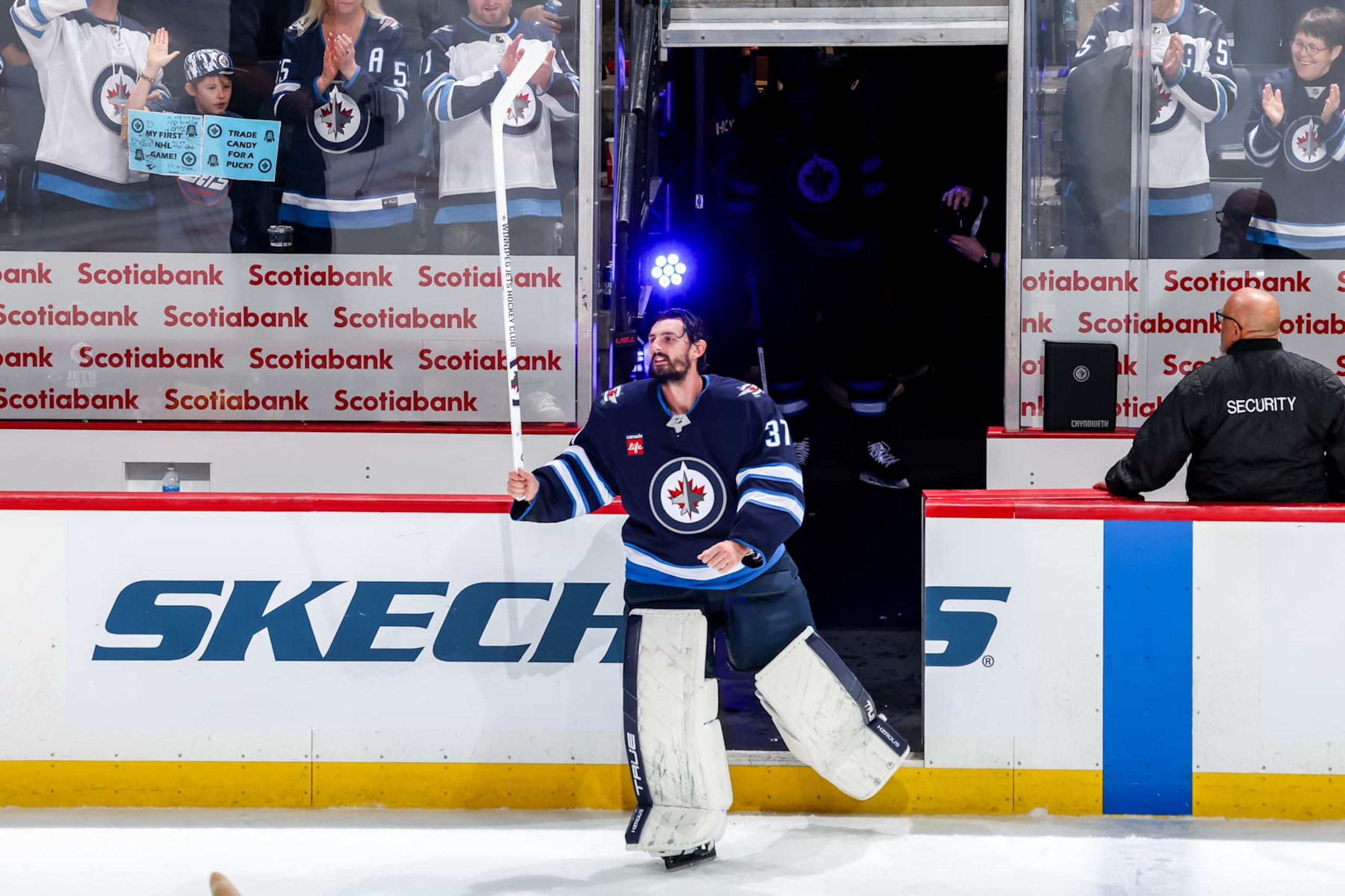 WINNIPEG, CANADA - NOVEMBER 5: Goaltender Connor Hellebuyck #37 of the Winnipeg Jets hits the ice after receiving second star honours following a 3-0 shutout victory over the Utah Hockey Club at the Canada Life Centre on November 5, 2024 in Winnipeg, Manitoba, Canada. This marks the 39th career shutout for Hellebuyck. (Photo by Jonathan Kozub/NHLI via Getty Images) WINNIPEG, CANADA - NOVEMBER 5: Goaltender Connor Hellebuyck #37 of the Winnipeg Jets hits the ice after receiving second star honours following a 3-0 shutout victory over the Utah Hockey Club at the Canada Life Centre on November 5, 2024 in Winnipeg, Manitoba, Canada. This marks the 39th career shutout for Hellebuyck. (Photo by Jonathan Kozub/NHLI via Getty Images)
