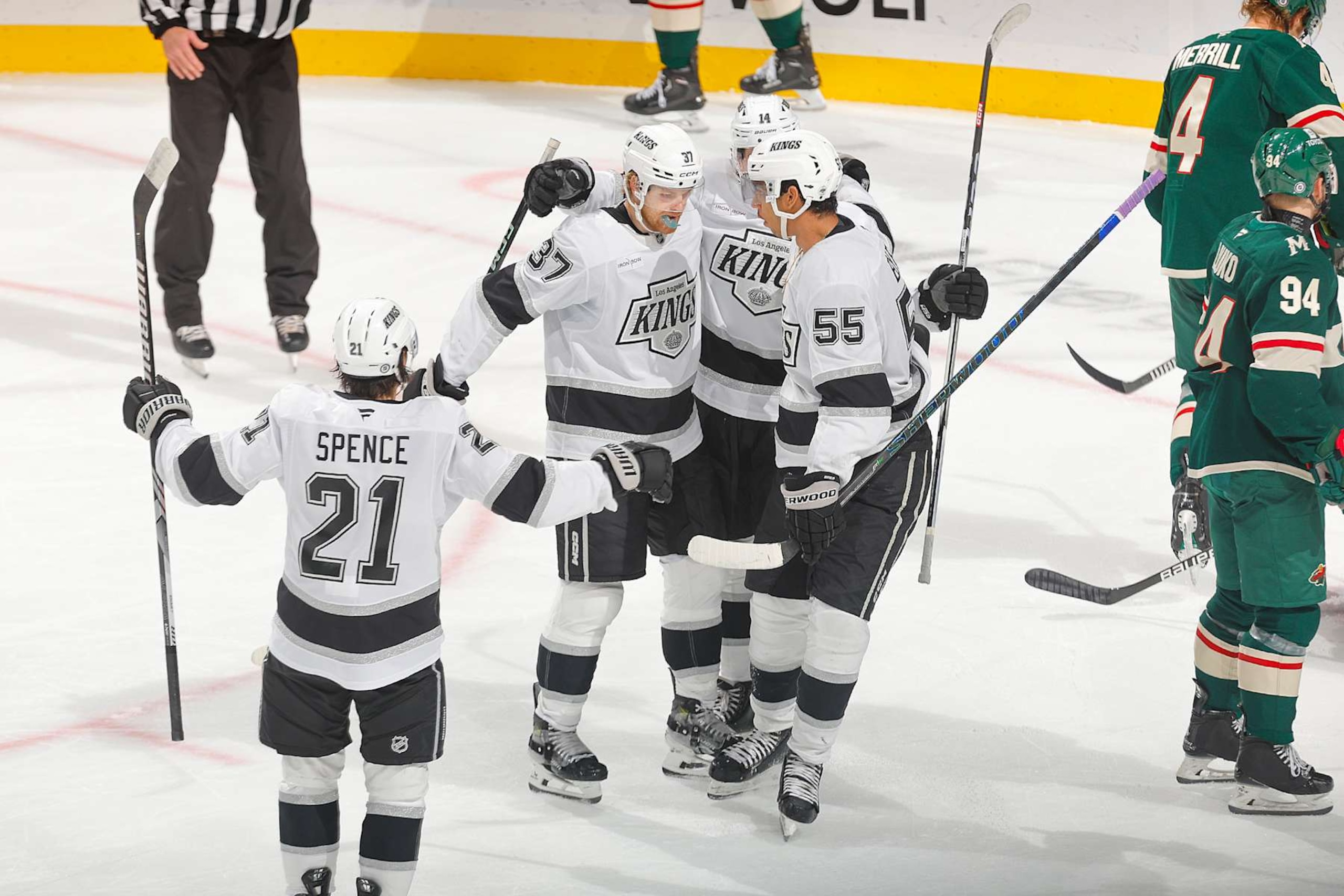 SAINT PAUL, MN - NOVEMBER 5: Warren Foegele #37 celebrates his goal with his teammates Alex Laferriere #14, Quinton Byfield #55 and Jordan Spence #21 of the Los Angeles Kings against the Minnesota Wild during the game at the Xcel Energy Center on November 5, 2024 in Saint Paul, Minnesota. (Photo by Bruce Kluckhohn/NHLI via Getty Images) SAINT PAUL, MN - NOVEMBER 5: Warren Foegele #37 celebrates his goal with his teammates Alex Laferriere #14, Quinton Byfield #55 and Jordan Spence #21 of the Los Angeles Kings against the Minnesota Wild during the game at the Xcel Energy Center on November 5, 2024 in Saint Paul, Minnesota. (Photo by Bruce Kluckhohn/NHLI via Getty Images)