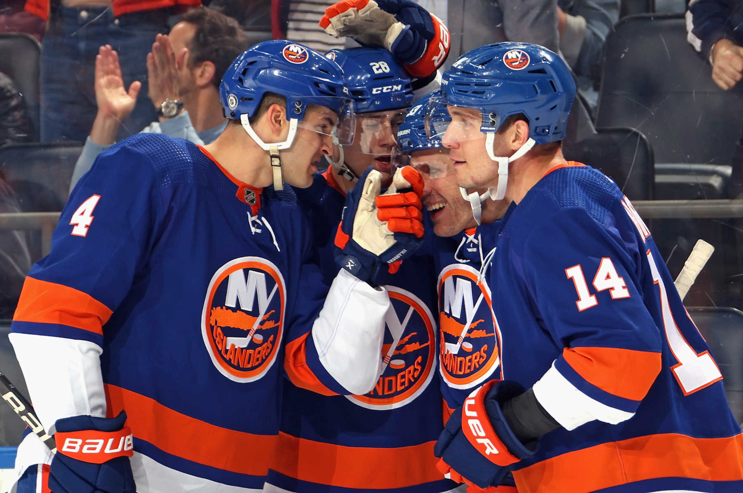 ELMONT, NEW YORK - APRIL 17: (L-R) Samuel Bolduc #4, Alexander Romanov #28, Casey Cizikas #53 and Bo Horvat #14 of the New York Islanders celebrate a second period goal by Cizikas against the Pittsburgh Penguins at UBS Arena on April 17, 2024 in Elmont, New York. (Photo by Bruce Bennett/Getty Images) ELMONT, NEW YORK - APRIL 17: (L-R) Samuel Bolduc #4, Alexander Romanov #28, Casey Cizikas #53 and Bo Horvat #14 of the New York Islanders celebrate a second period goal by Cizikas against the Pittsburgh Penguins at UBS Arena on April 17, 2024 in Elmont, New York. (Photo by Bruce Bennett/Getty Images)