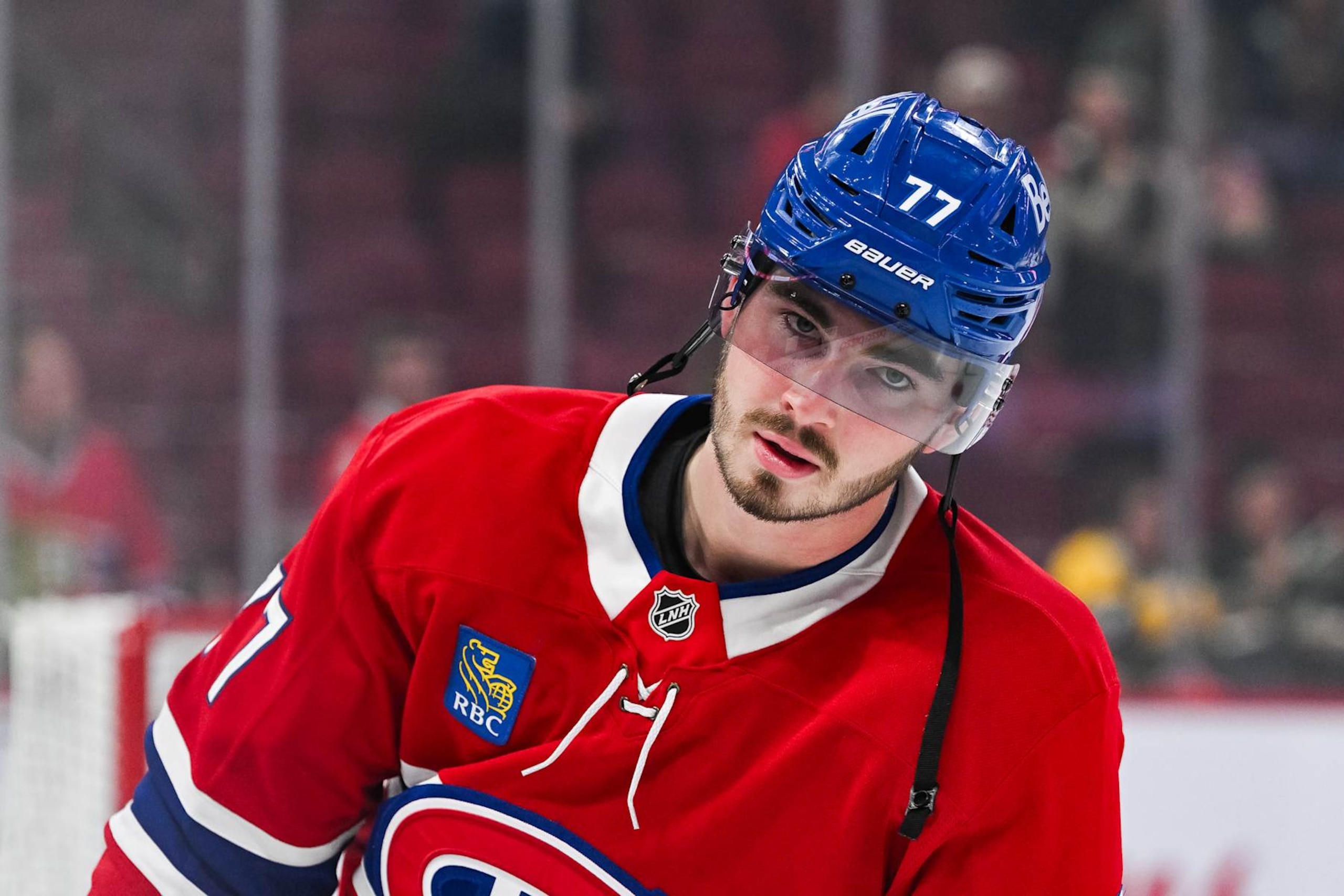 MONTREAL, QC - NOVEMBER 05: Look on Montreal Canadiens center Kirby Dach (77) during warm-up before the Calgary Flames versus the Montreal Canadiens game on November 05, 2024, at Bell Centre in Montreal, QC (Photo by David Kirouac/Icon Sportswire via Getty Images) MONTREAL, QC - NOVEMBER 05: Look on Montreal Canadiens center Kirby Dach (77) during warm-up before the Calgary Flames versus the Montreal Canadiens game on November 05, 2024, at Bell Centre in Montreal, QC (Photo by David Kirouac/Icon Sportswire via Getty Images)