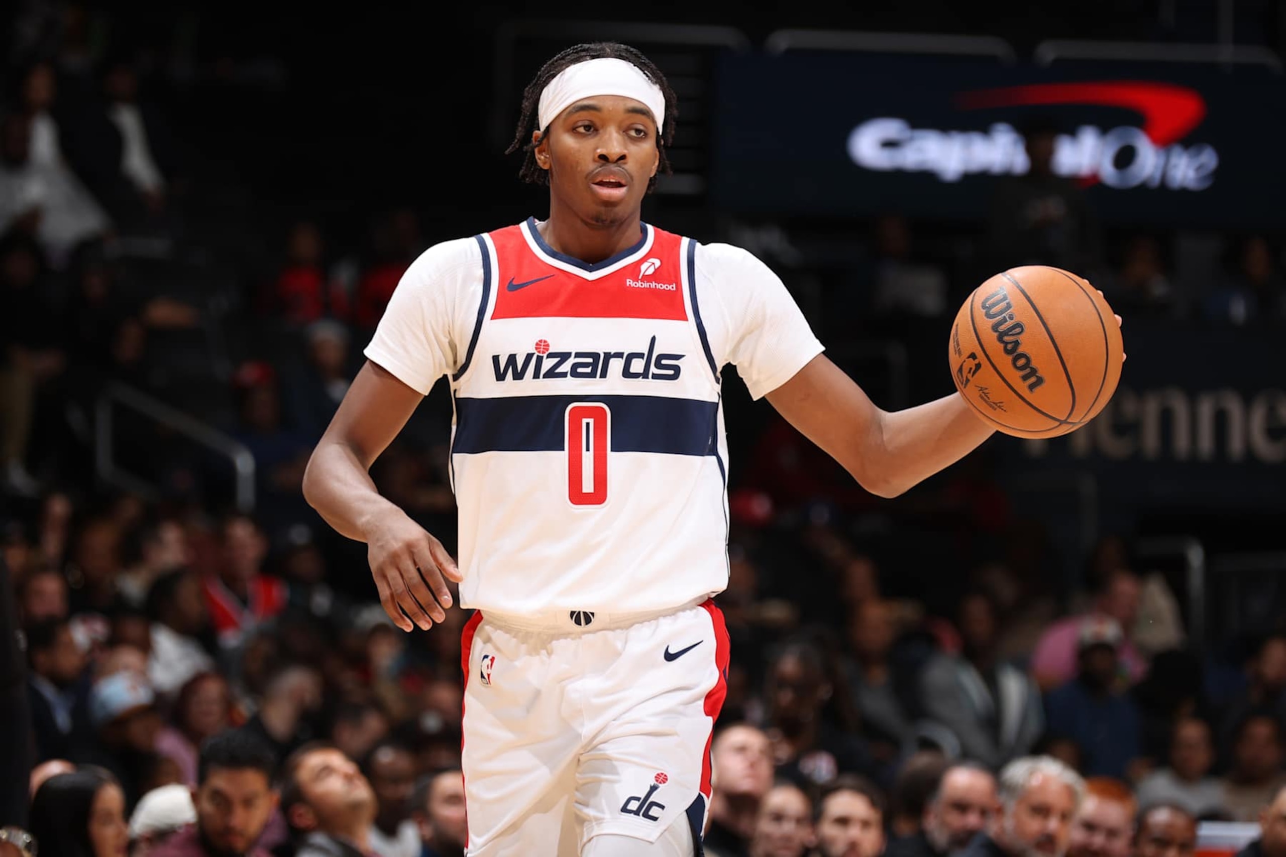 WASHINGTON, DC -  OCTOBER 30: Bilal Coulibaly #0 of the Washington Wizards dribbles the ball during the game against the Atlanta Hawks on October 30, 2024 at Capital One Arena in Washington, DC. NOTE TO USER: User expressly acknowledges and agrees that, by downloading and or using this Photograph, user is consenting to the terms and conditions of the Getty Images License Agreement. Mandatory Copyright Notice: Copyright 2024 NBAE (Photo by Stephen Gosling/NBAE via Getty Images)