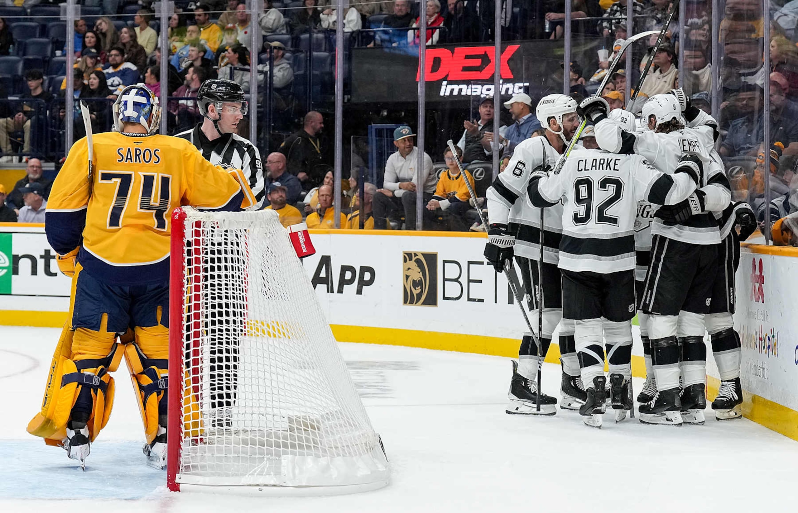 NASHVILLE, TENNESSEE - NOVEMBER 4: Anze Kopitar #11 of the Los Angeles Kings celebrates his goal against Juuse Saros #74 of the Nashville Predators during an NHL game at Bridgestone Arena on November 4, 2024 in Nashville, Tennessee. (Photo by John Russell/NHLI via Getty Images) NASHVILLE, TENNESSEE - NOVEMBER 4: Anze Kopitar #11 of the Los Angeles Kings celebrates his goal against Juuse Saros #74 of the Nashville Predators during an NHL game at Bridgestone Arena on November 4, 2024 in Nashville, Tennessee. (Photo by John Russell/NHLI via Getty Images)