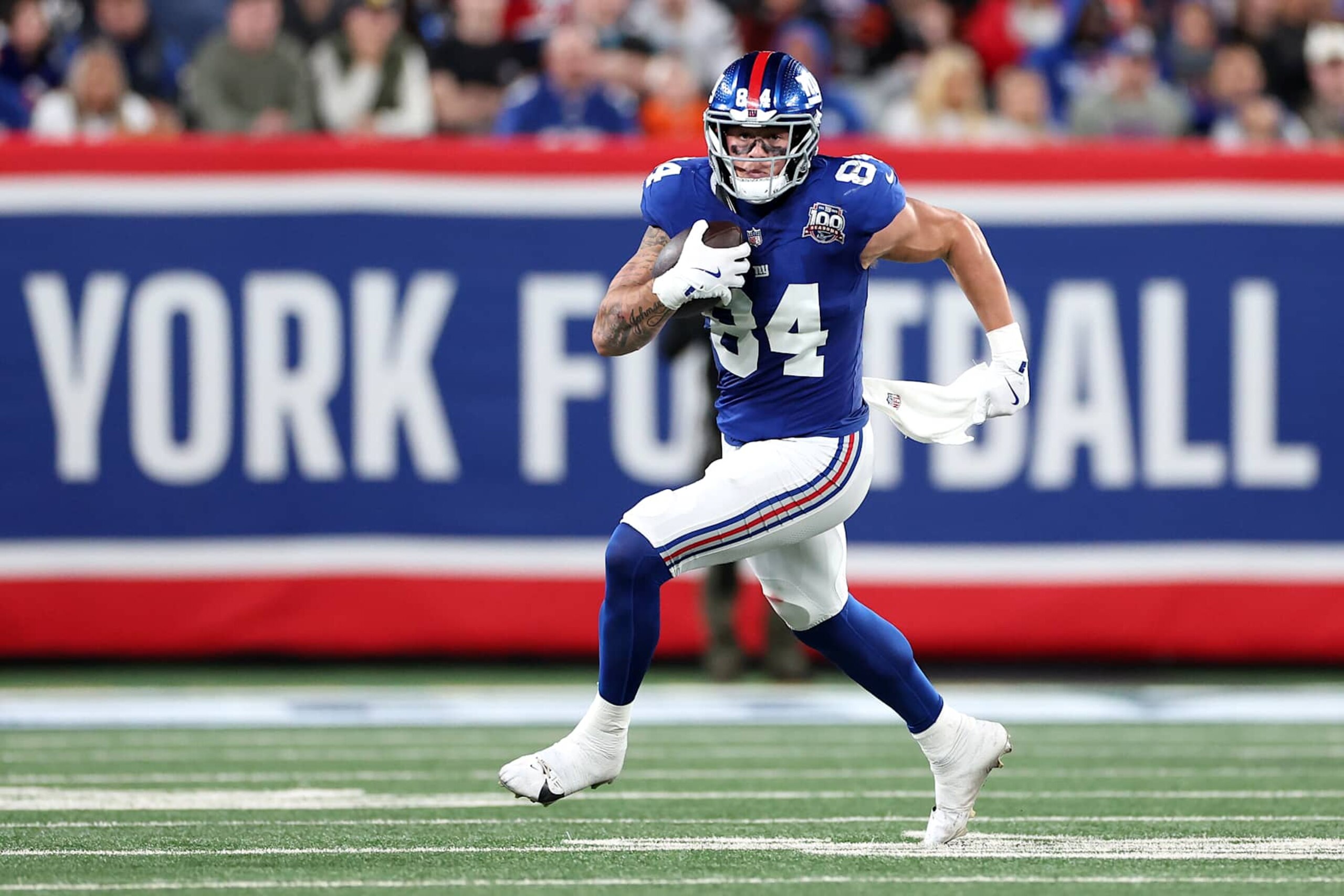 EAST RUTHERFORD, NEW JERSEY - OCTOBER 13: Theo Johnson #84 of the New York Giants in action against the Cincinnati Bengals at MetLife Stadium on October 13, 2024 in East Rutherford, New Jersey. (Photo by Luke Hales/Getty Images) EAST RUTHERFORD, NEW JERSEY - OCTOBER 13: Theo Johnson #84 of the New York Giants in action against the Cincinnati Bengals at MetLife Stadium on October 13, 2024 in East Rutherford, New Jersey. (Photo by Luke Hales/Getty Images)