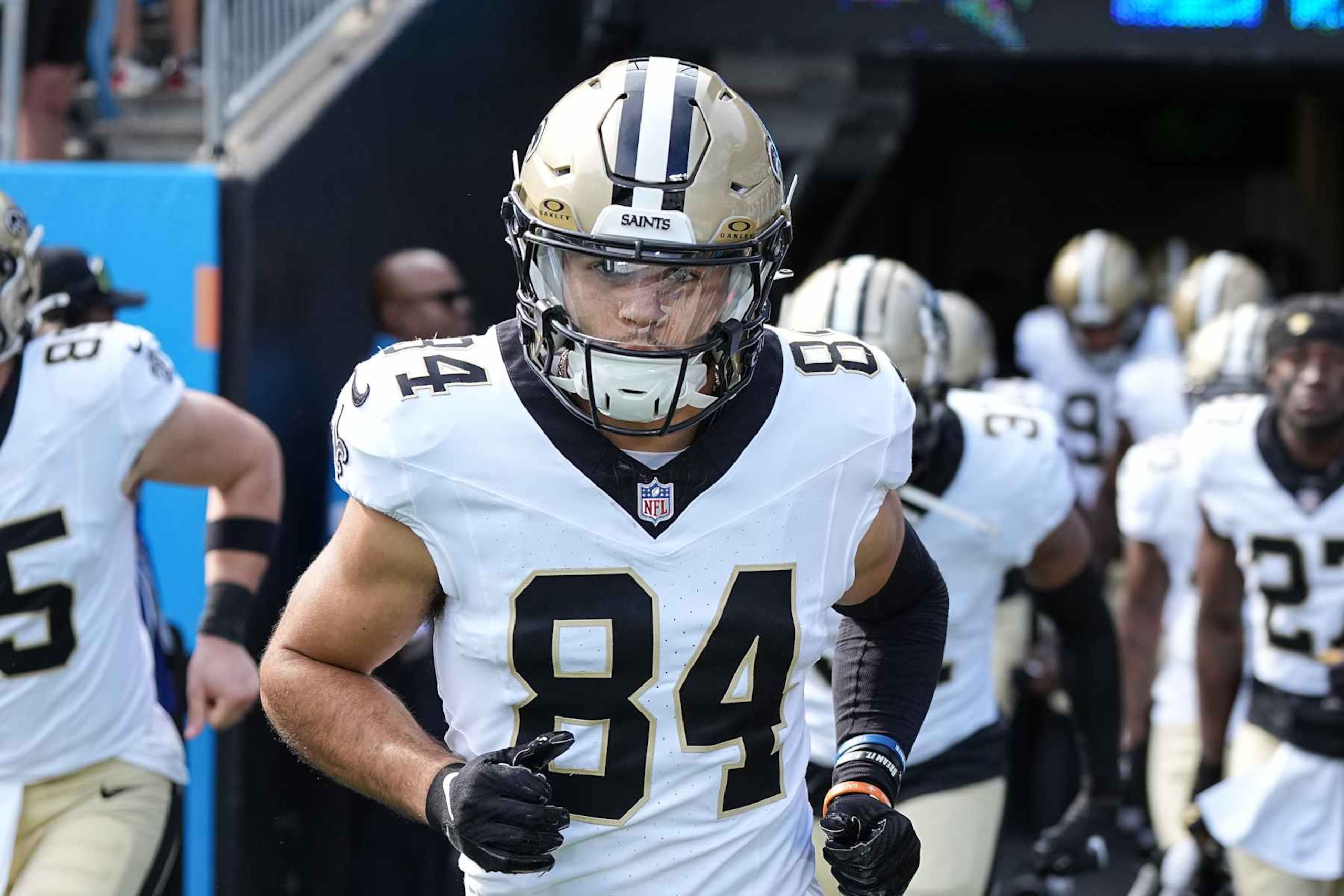 CHARLOTTE, NORTH CAROLINA - NOVEMBER 03: Mason Tipton #84 of the New Orleans Saints runs onto the field prior to his game against the Carolina Panthers at Bank of America Stadium on November 03, 2024 in Charlotte, North Carolina. (Photo by Matt Kelley/Getty Images) CHARLOTTE, NORTH CAROLINA - NOVEMBER 03: Mason Tipton #84 of the New Orleans Saints runs onto the field prior to his game against the Carolina Panthers at Bank of America Stadium on November 03, 2024 in Charlotte, North Carolina. (Photo by Matt Kelley/Getty Images)