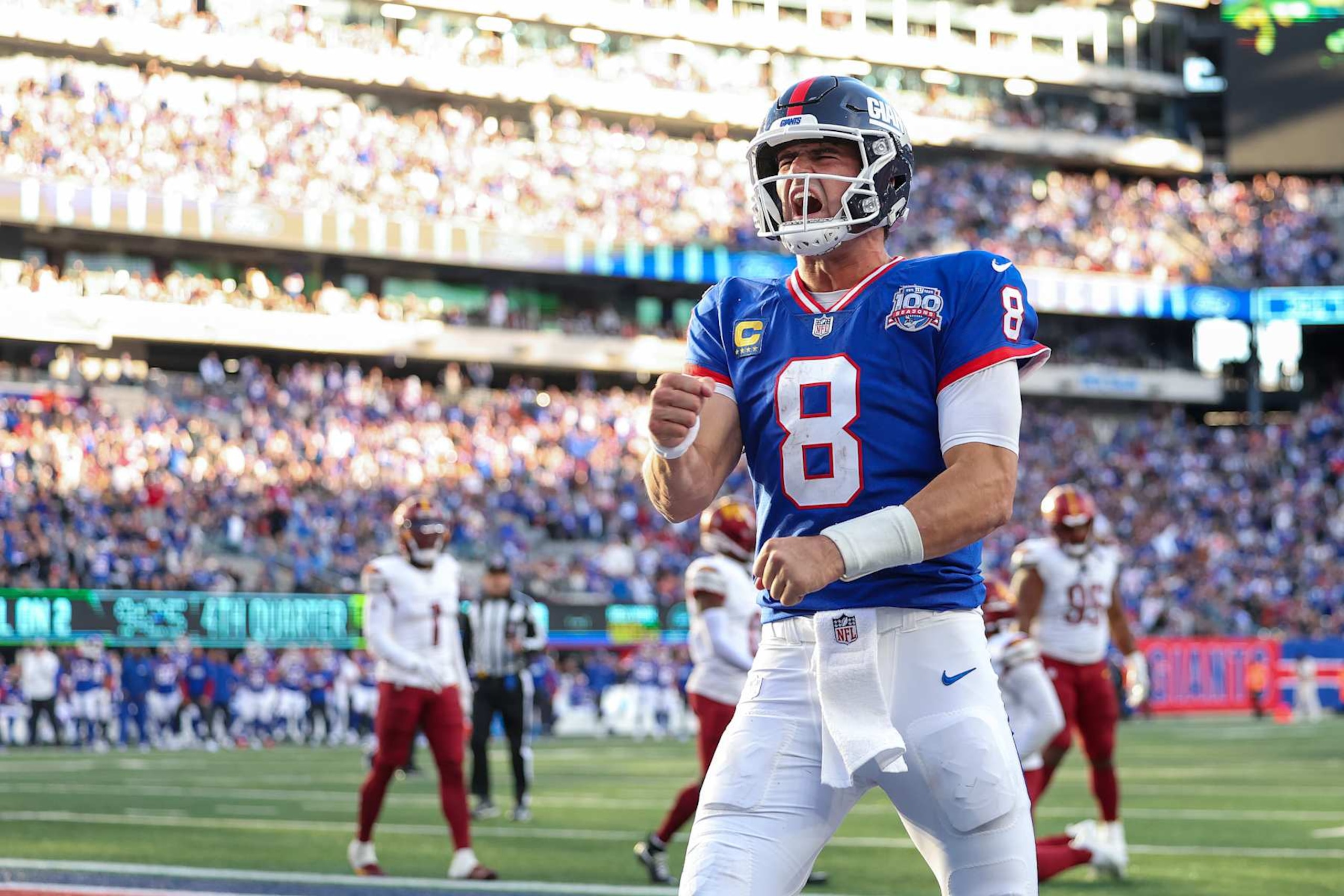EAST RUTHERFORD, NEW JERSEY - NOVEMBER 03: Daniel Jones #8 of the New York Giants celebrates a touchdown during the fourth quarter against the Washington Commanders at MetLife Stadium on November 03, 2024 in East Rutherford, New Jersey. (Photo by Luke Hales/Getty Images) EAST RUTHERFORD, NEW JERSEY - NOVEMBER 03: Daniel Jones #8 of the New York Giants celebrates a touchdown during the fourth quarter against the Washington Commanders at MetLife Stadium on November 03, 2024 in East Rutherford, New Jersey. (Photo by Luke Hales/Getty Images)