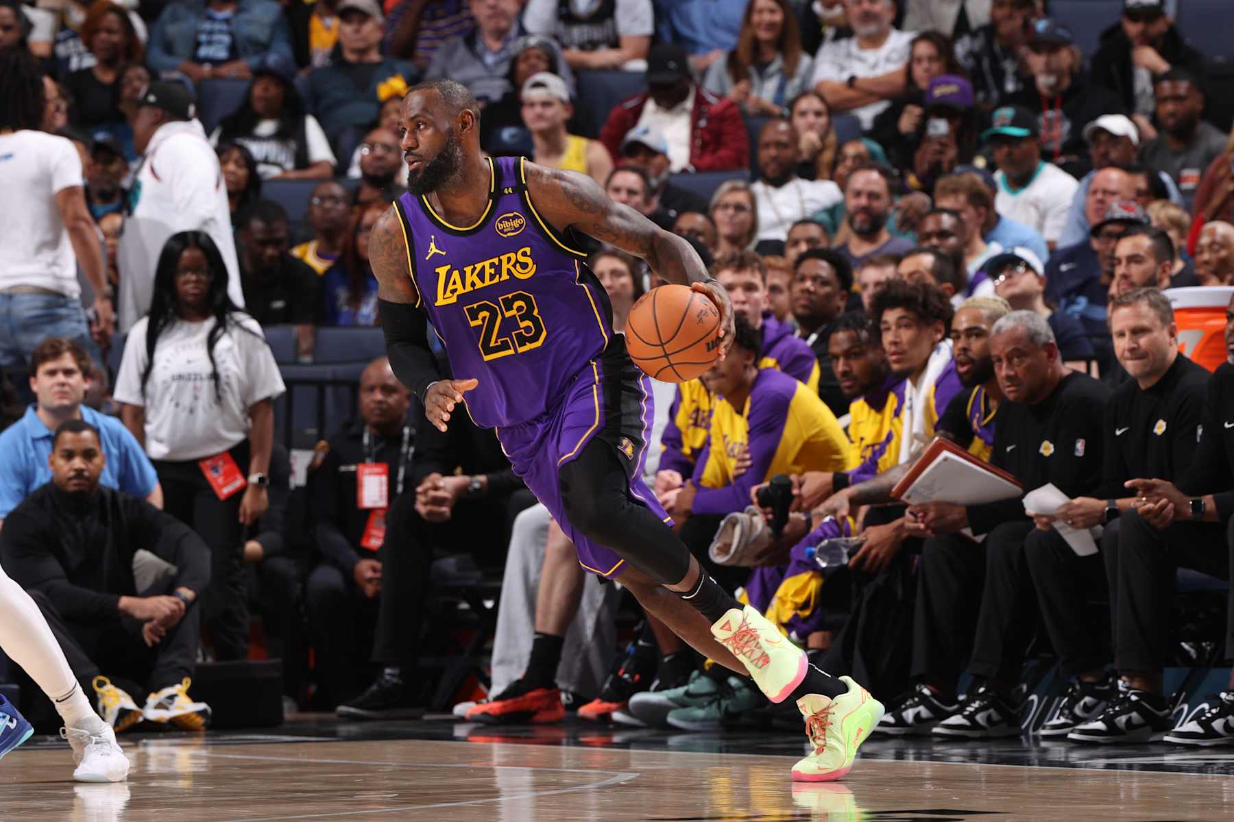 MEMPHIS, TN - NOVEMBER 6: LeBron James #23 of the Los Angeles Lakers handles the ball during the game against the Memphis Grizzlies on November 6, 2024 at FedExForum in Memphis, Tennessee. NOTE TO USER: User expressly acknowledges and agrees that, by downloading and or using this photograph, User is consenting to the terms and conditions of the Getty Images License Agreement. Mandatory Copyright Notice: Copyright 2024 NBAE (Photo by Joe Murphy/NBAE via Getty Images)