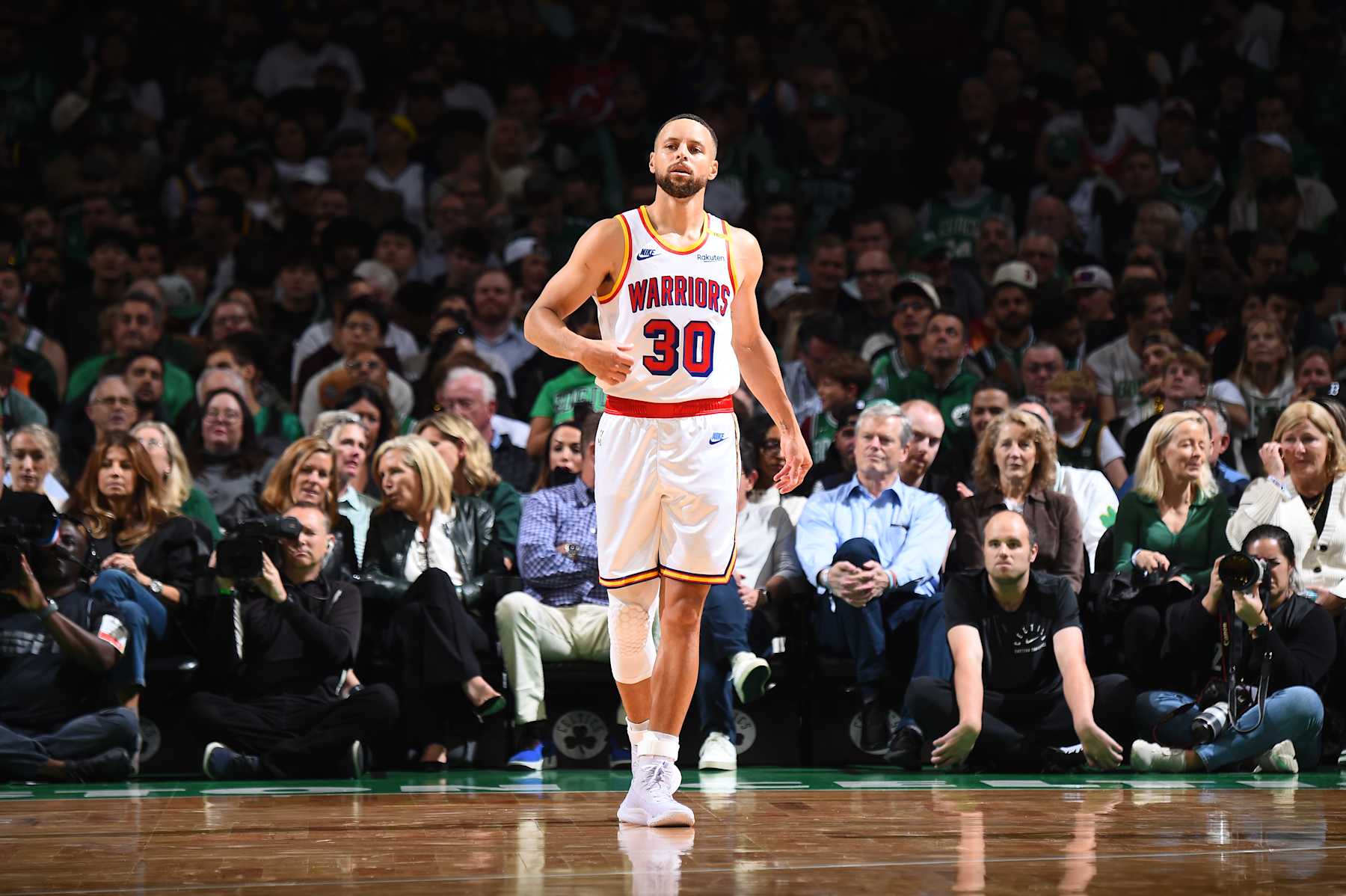 BOSTON, MA - NOVEMBER 6: Stephen Curry #30 of the Golden State Warriors looks on during the game against the Boston Celtics on November 6, 2024 at TD Garden in Boston, Massachusetts. NOTE TO USER: User expressly acknowledges and agrees that, by downloading and/or using this Photograph, user is consenting to the terms and conditions of the Getty Images License Agreement. Mandatory Copyright Notice: Copyright 2024 NBAE (Photo by Brian Babineau/NBAE via Getty Images)