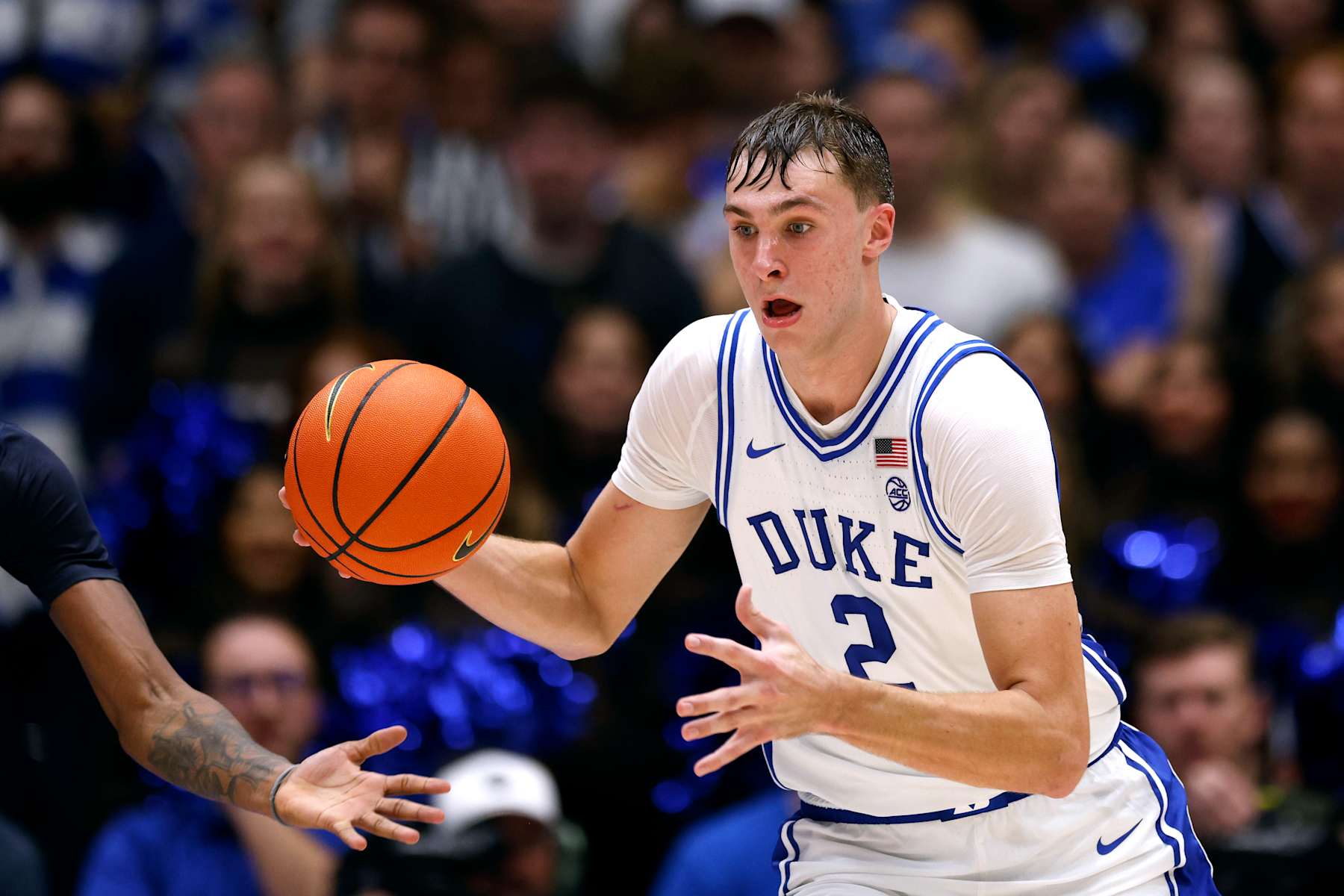 DURHAM, NORTH CAROLINA - NOVEMBER 4: Cooper Flagg #2 of the Duke Blue Devils dribbles up court against the Maine Black Bears at Cameron Indoor Stadium on November 4, 2024 in Durham, North Carolina. (Photo by Lance King/Getty Images)