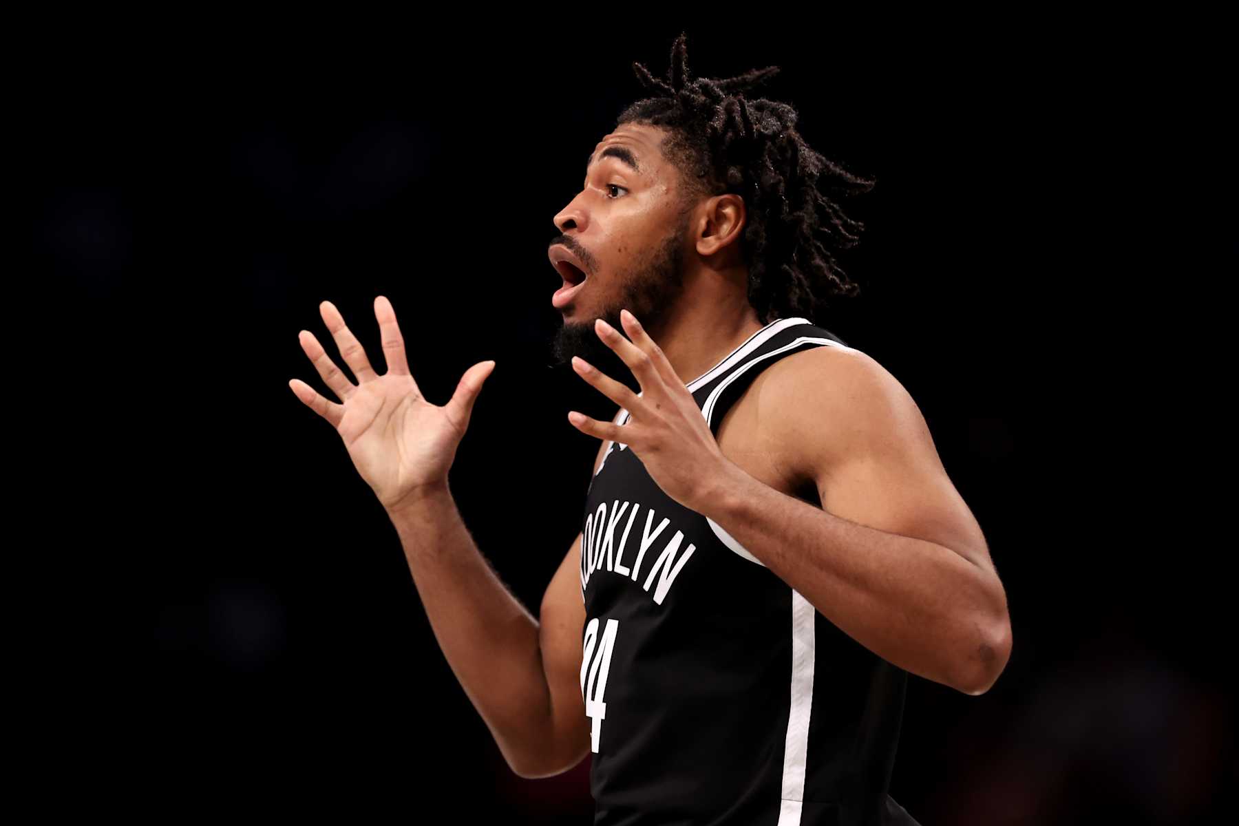 NEW YORK, NEW YORK - NOVEMBER 04: Cam Thomas #24 of the Brooklyn Nets reacts against the Memphis Grizzlies during the second half at Barclays Center on November 04, 2024 in the Brooklyn borough of New York City. (Photo by Luke Hales/Getty Images)