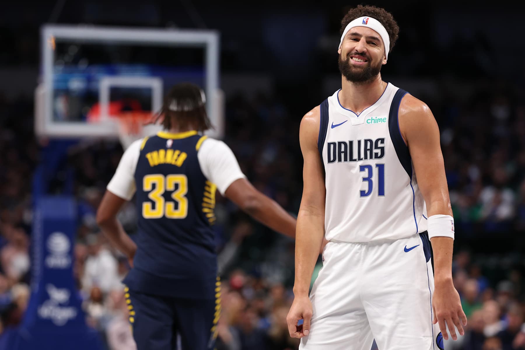 DALLAS, TEXAS - NOVEMBER 04: Klay Thompson #31 of the Dallas Mavericks reacts during the first half against the Indiana Pacers at American Airlines Center on November 04, 2024 in Dallas, Texas. NOTE TO USER: User expressly acknowledges and agrees that, by downloading and or using this photograph, User is consenting to the terms and conditions of the Getty Images License Agreement. (Photo by Sam Hodde/Getty Images)