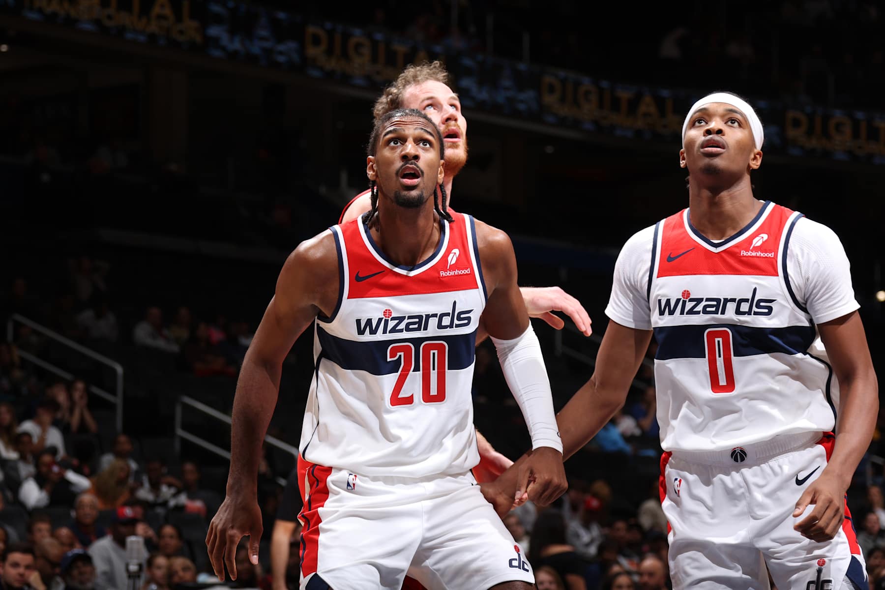 WASHINGTON, DC -  OCTOBER 11: Bilal Coulibaly #0 and Alexandre Sarr #20 of the Washington Wizards looks on during the game against the Toronto Raptors during a NBA preseason game on October 11, 2024 at Capital One Arena in Washington, DC. NOTE TO USER: User expressly acknowledges and agrees that, by downloading and or using this Photograph, user is consenting to the terms and conditions of the Getty Images License Agreement. Mandatory Copyright Notice: Copyright 2024 NBAE (Photo by Stephen Gosling/NBAE via Getty Images)