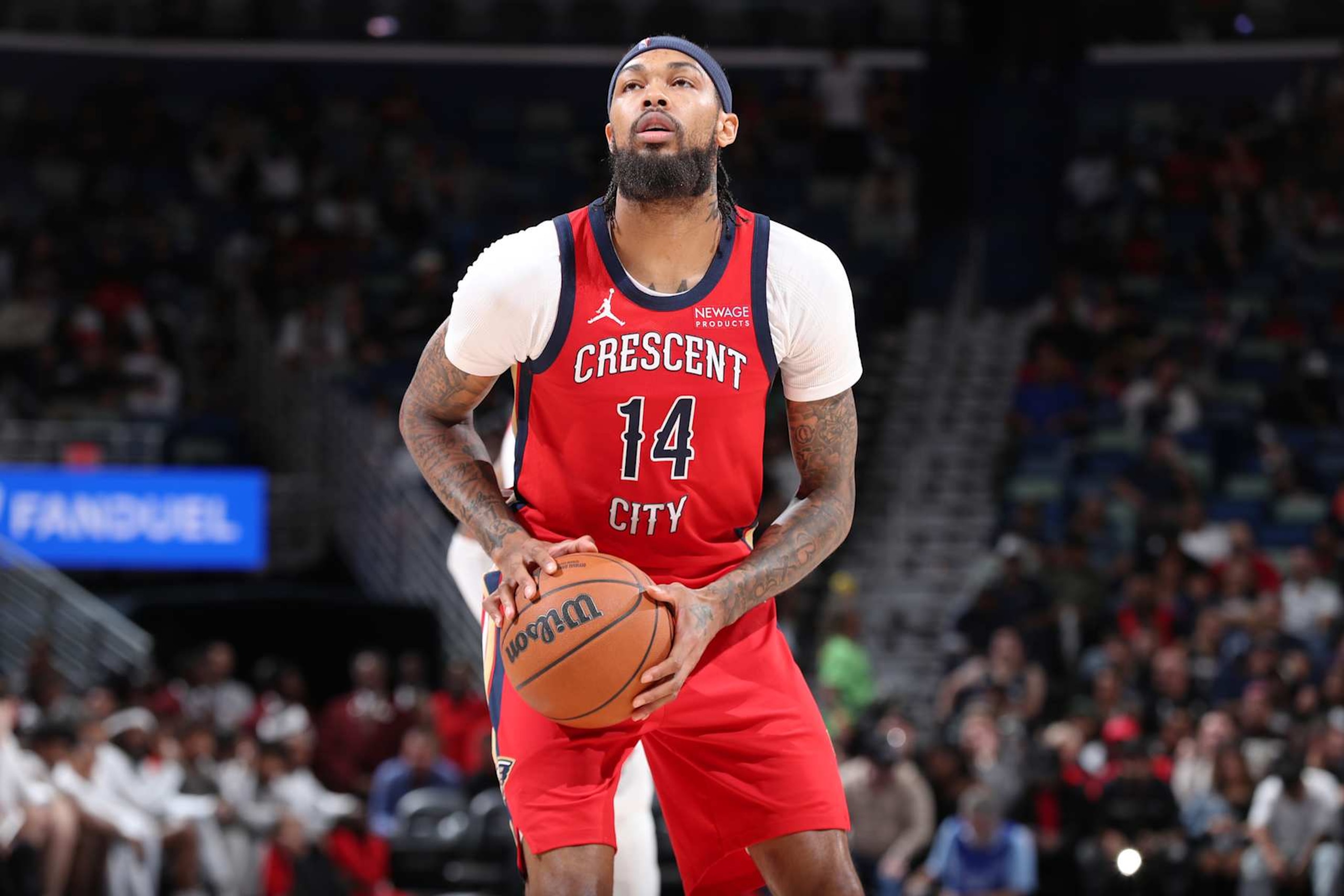 CHICAGO, IL - NOVEMBER 4: Brandon Ingram #14 of the New Orleans Pelicans shoots a free throw during the game against the Portland Trail Blazers on November 4, 2024 at Smoothie King Center in New Orleans, Louisiana. NOTE TO USER: User expressly acknowledges and agrees that, by downloading and or using this photograph, User is consenting to the terms and conditions of the Getty Images License Agreement. Mandatory Copyright Notice: Copyright 2024 NBAE (Photo by Jeff Haynes/NBAE via Getty Images)