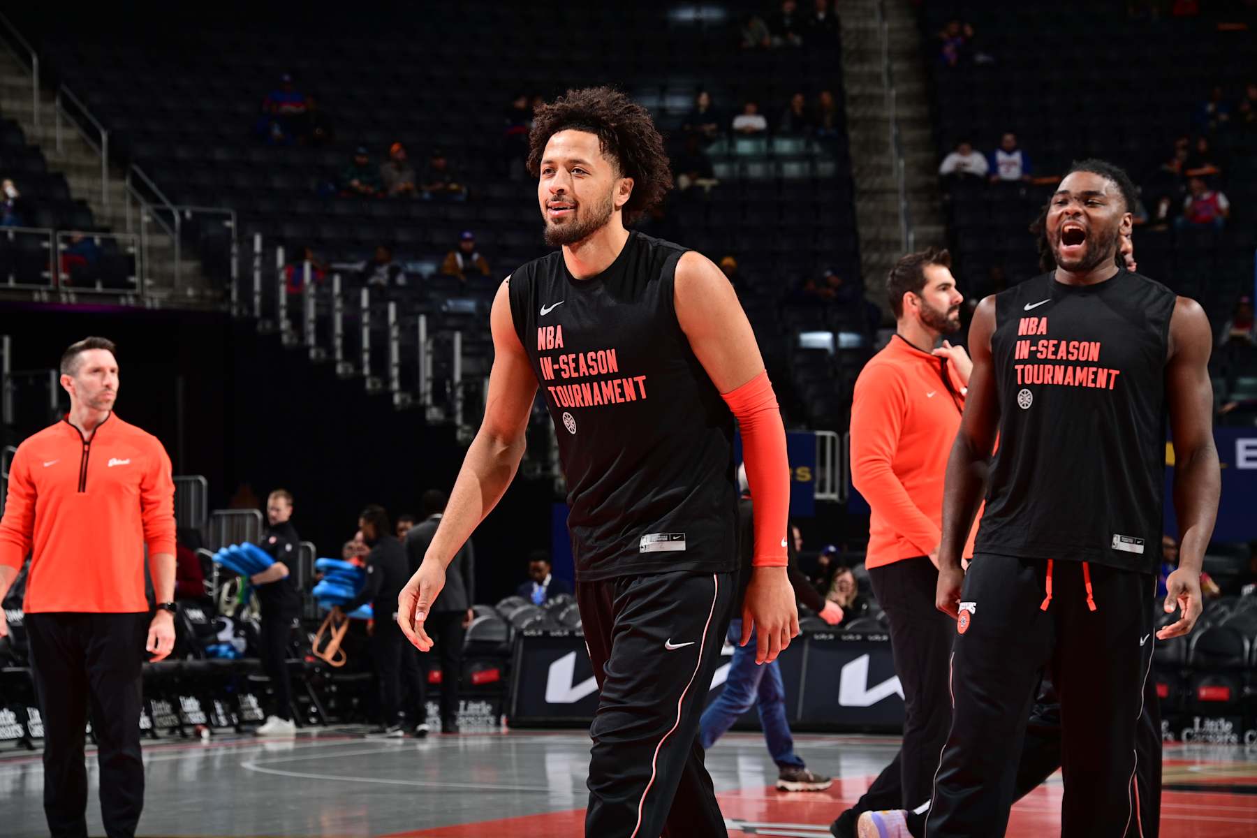 DETROIT, MI - NOVEMBER 14: Cade Cunningham #2 and Isaiah Stewart #28 of the Detroit Pistons warm up before the game against the Atlanta Hawks during the In-Season Tournament on November 14, 2023 at Little Caesars Arena in Detroit, Michigan. NOTE TO USER: User expressly acknowledges and agrees that, by downloading and/or using this photograph, User is consenting to the terms and conditions of the Getty Images License Agreement. Mandatory Copyright Notice: Copyright 2023 NBAE (Photo by Chris Schwegler/NBAE via Getty Images)