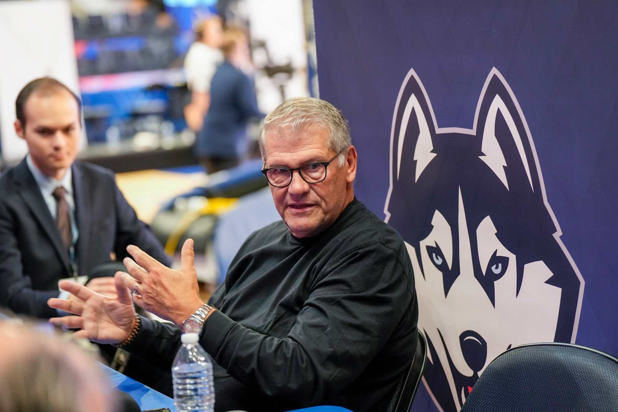 NEW YORK, NY - OCTOBER 23:  UConn Huskies womens head coach Geno Auriemma during Big East Conference Basketball media day at Madison Square Garden on October 23, 2024 in New York City.  (Photo by Porter Binks/Getty Images)