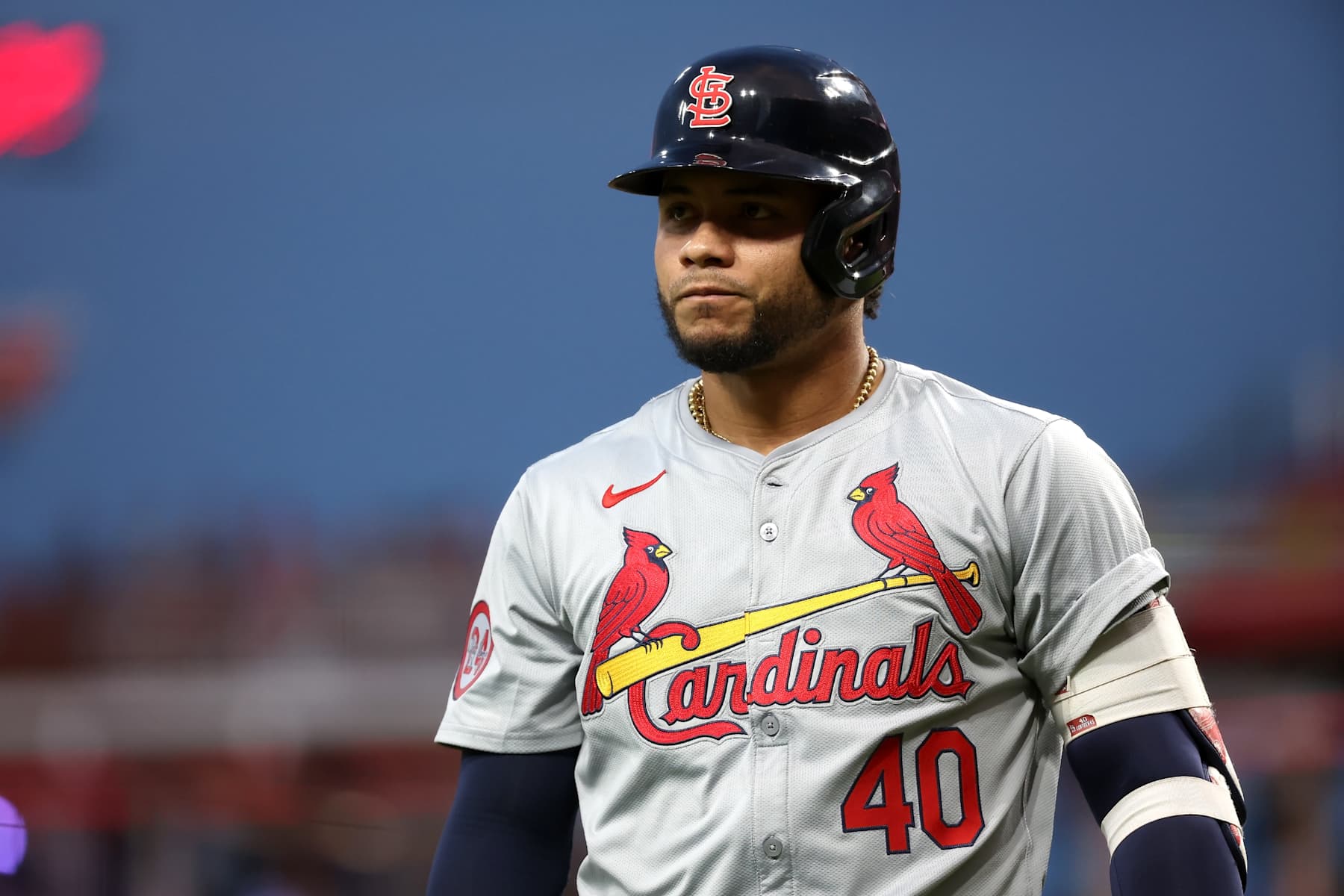 CINCINNATI, OHIO - AUGUST 12: Willson Contreras #40 of the St. Louis Cardinals walks back to the dugout during the game against the Cincinnati Reds at Great American Ball Park on August 12, 2024 in Cincinnati, Ohio. Cincinnati defeated St. Louis 6-1. (Photo by Kirk Irwin/Getty Images)