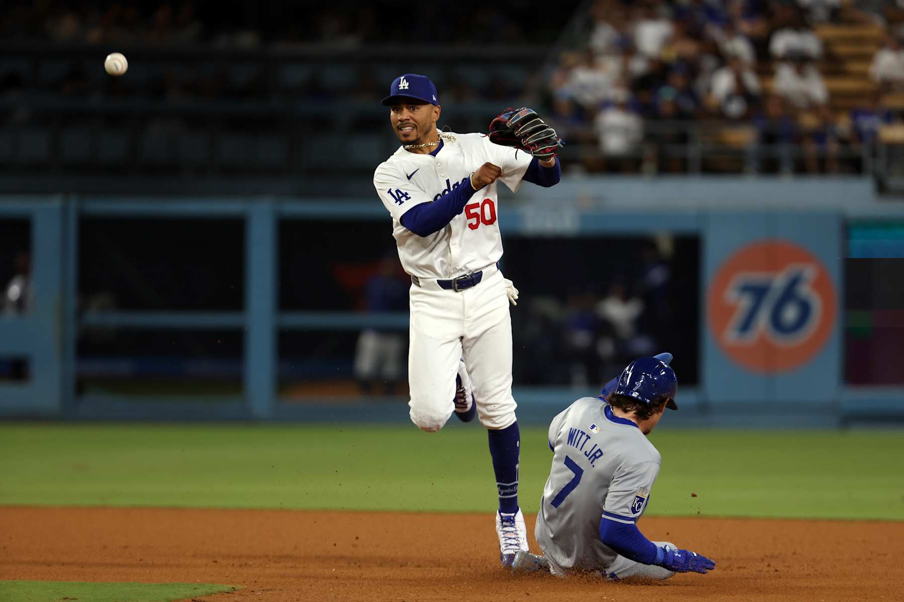 LOS ANGELES, CA - JUNE 15:  Mookie Betts #50 of the Los Angeles Dodgers plays shortstop during the game against the Kansas City Royals at Dodger Stadium on June 15, 2024 in Los Angeles, California. The Royals defeated the Dodgers 7-2. (Photo by Rob Leiter/MLB Photos via Getty Images)